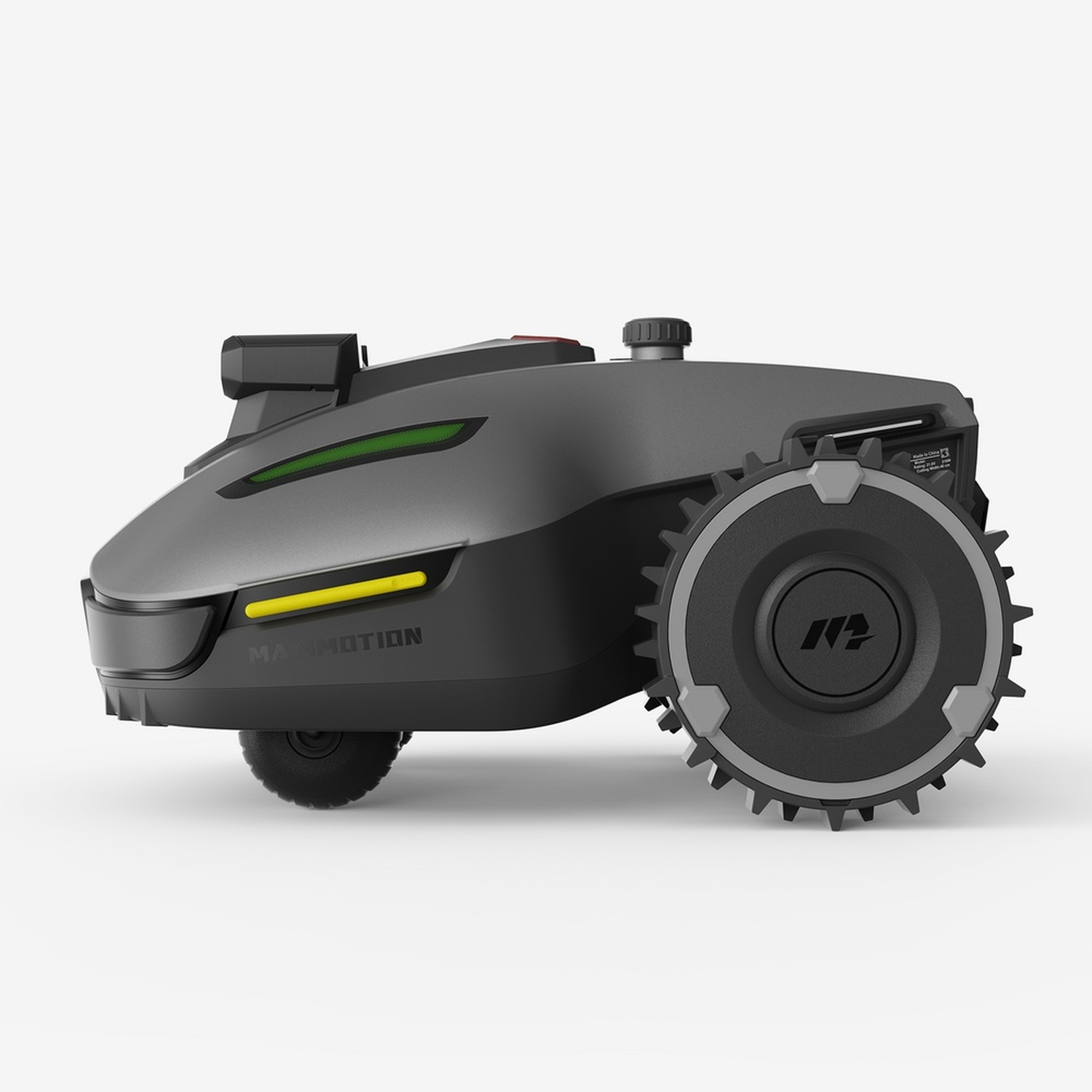 Un robot tosaerba grigio con grandi ruote e accenti gialli su sfondo bianco.