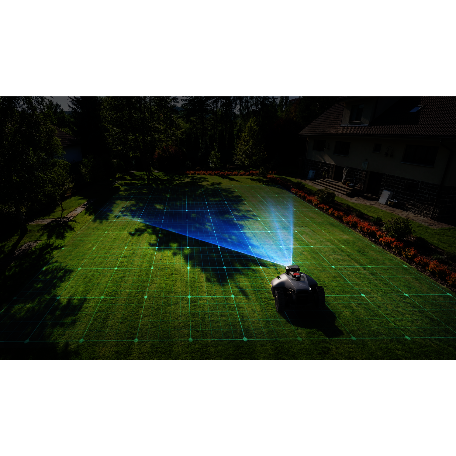 Un robot tosaerba opera su un prato sovrapposto da una griglia verde e un raggio di luce blu.