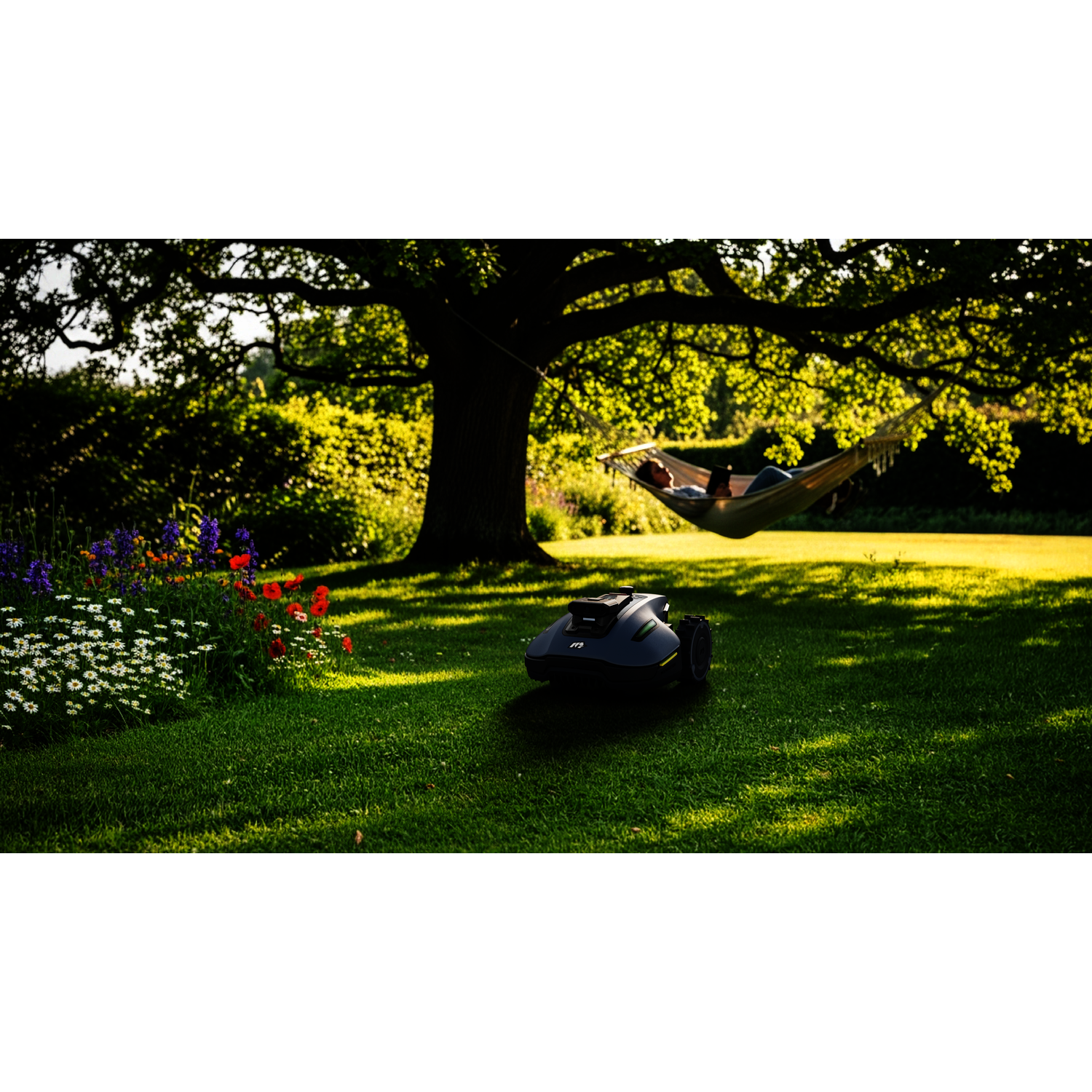 Un robot tosaerba è sull'erba verde vicino ai fiori. Sullo sfondo, qualcuno riposa su un'amaca.