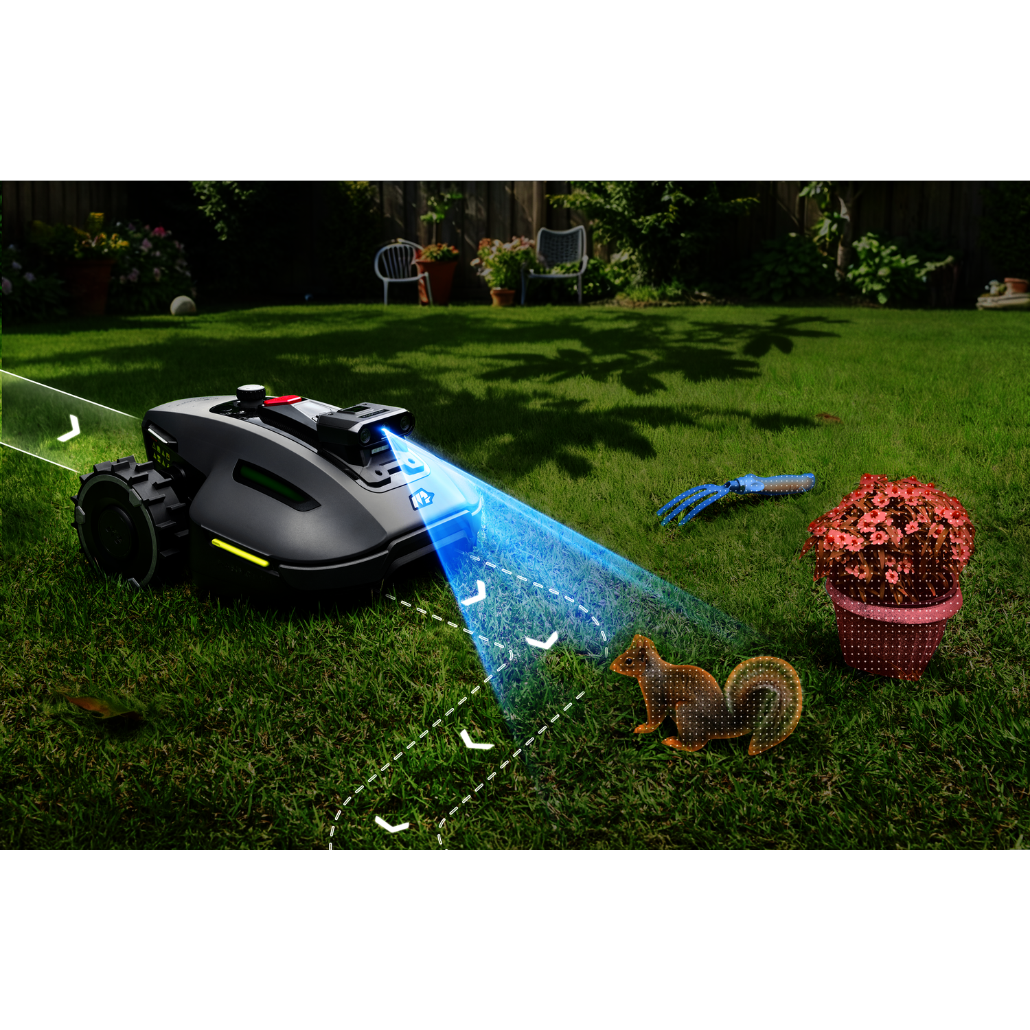 Un robot rasaerba rileva la sagoma di uno scoiattolo sul prato.