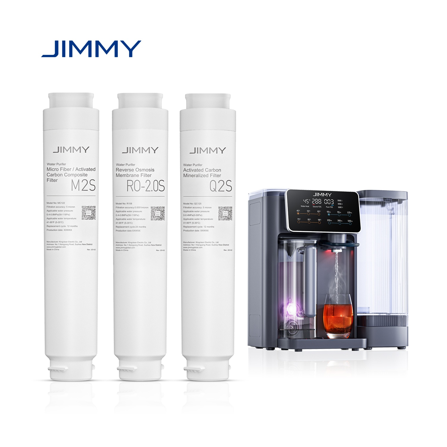 Tre filtri dell'acqua JIMMY e un dispenser d'acqua che riempie un bicchiere.