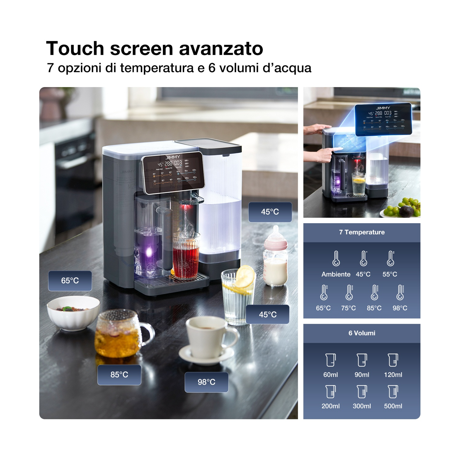 Un moderno dispenser d'acqua con touchscreen mostra 7 opzioni di temperatura e 6 di volume.