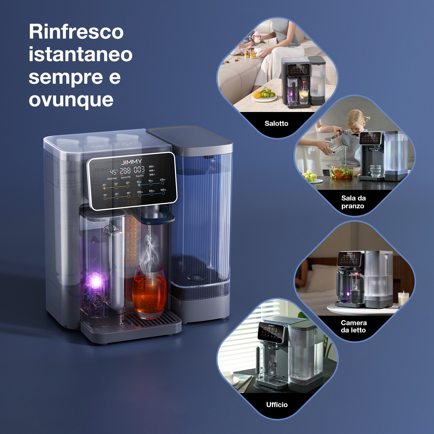 Un erogatore d'acqua con display digitale e varie impostazioni di temperatura.