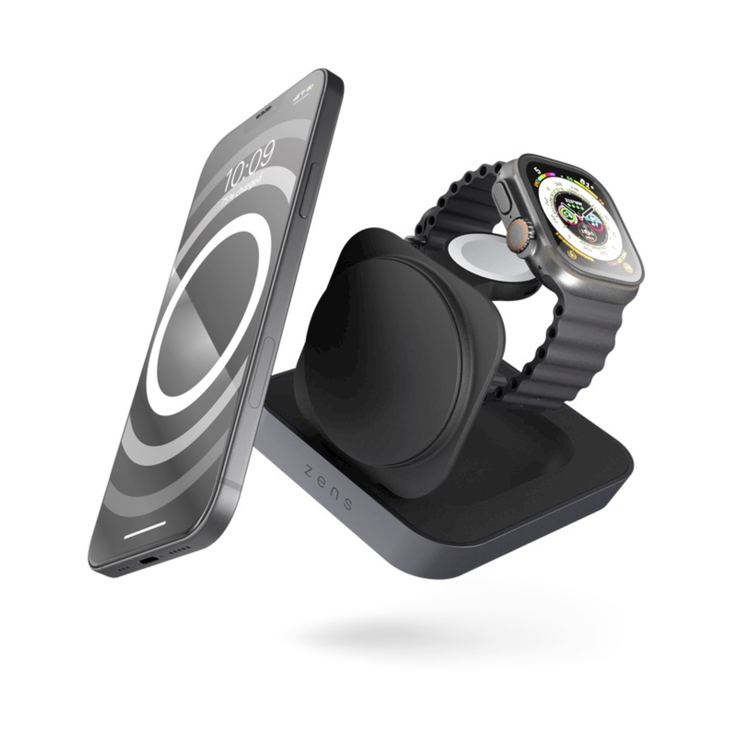Uno smartphone grigio e uno smartwatch su un supporto di ricarica nero.