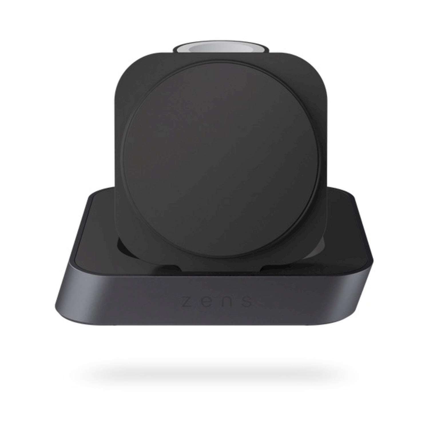 Un caricabatterie wireless nero con parte superiore rotonda su base rettangolare.