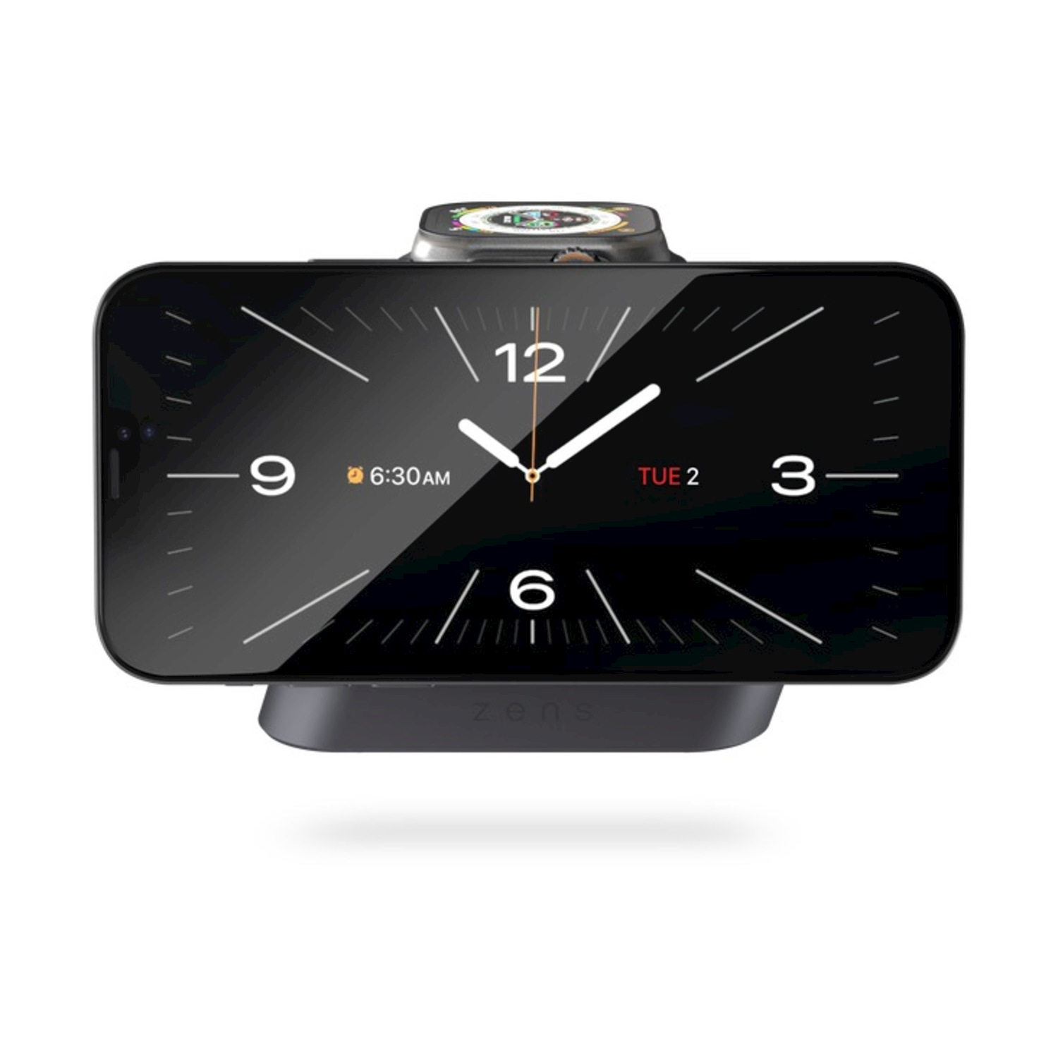 Uno smartphone con quadrante d'orologio, su un supporto di ricarica.