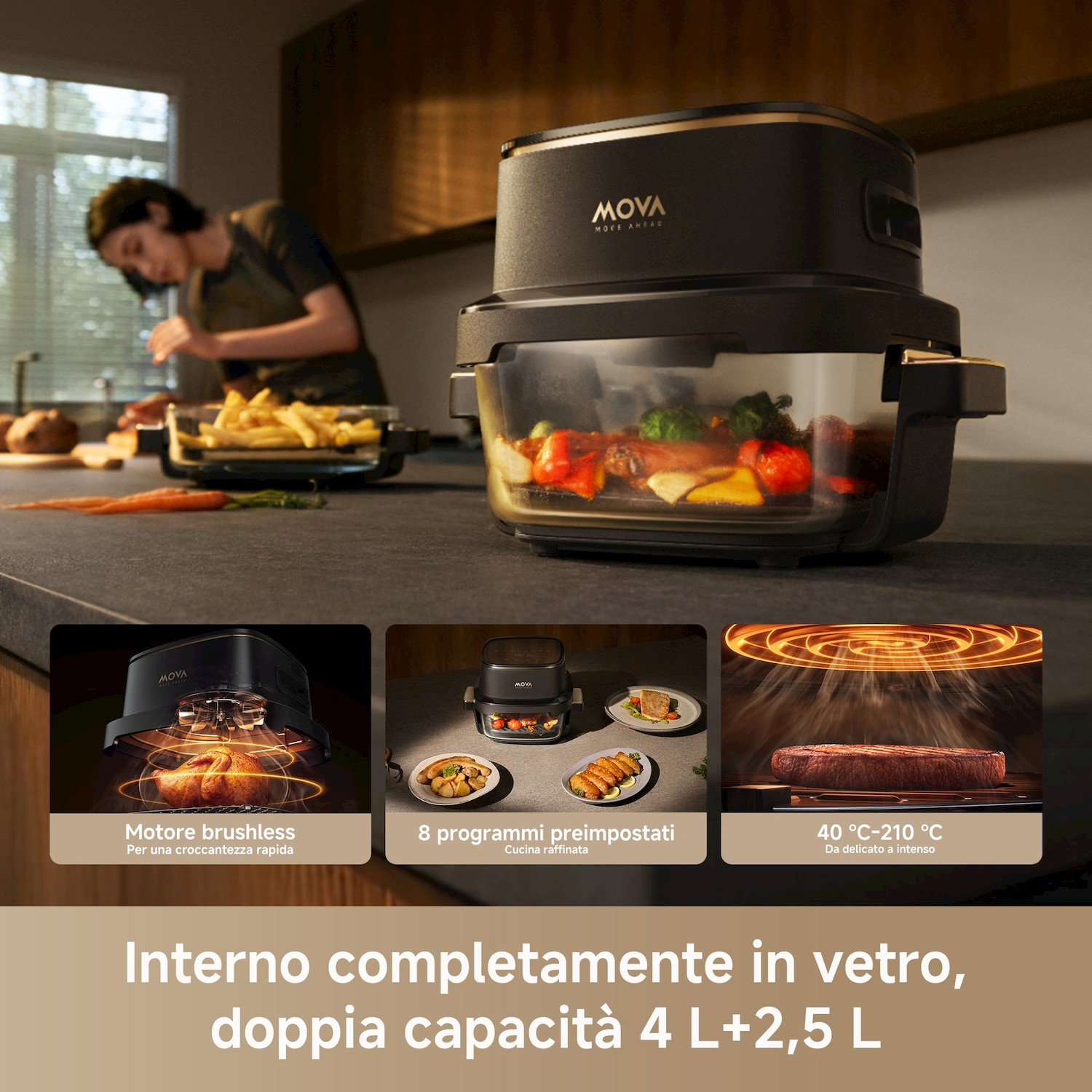 Un elettrodomestico nero con ciotola in vetro piena di verdure. Vengono mostrate tre immagini.