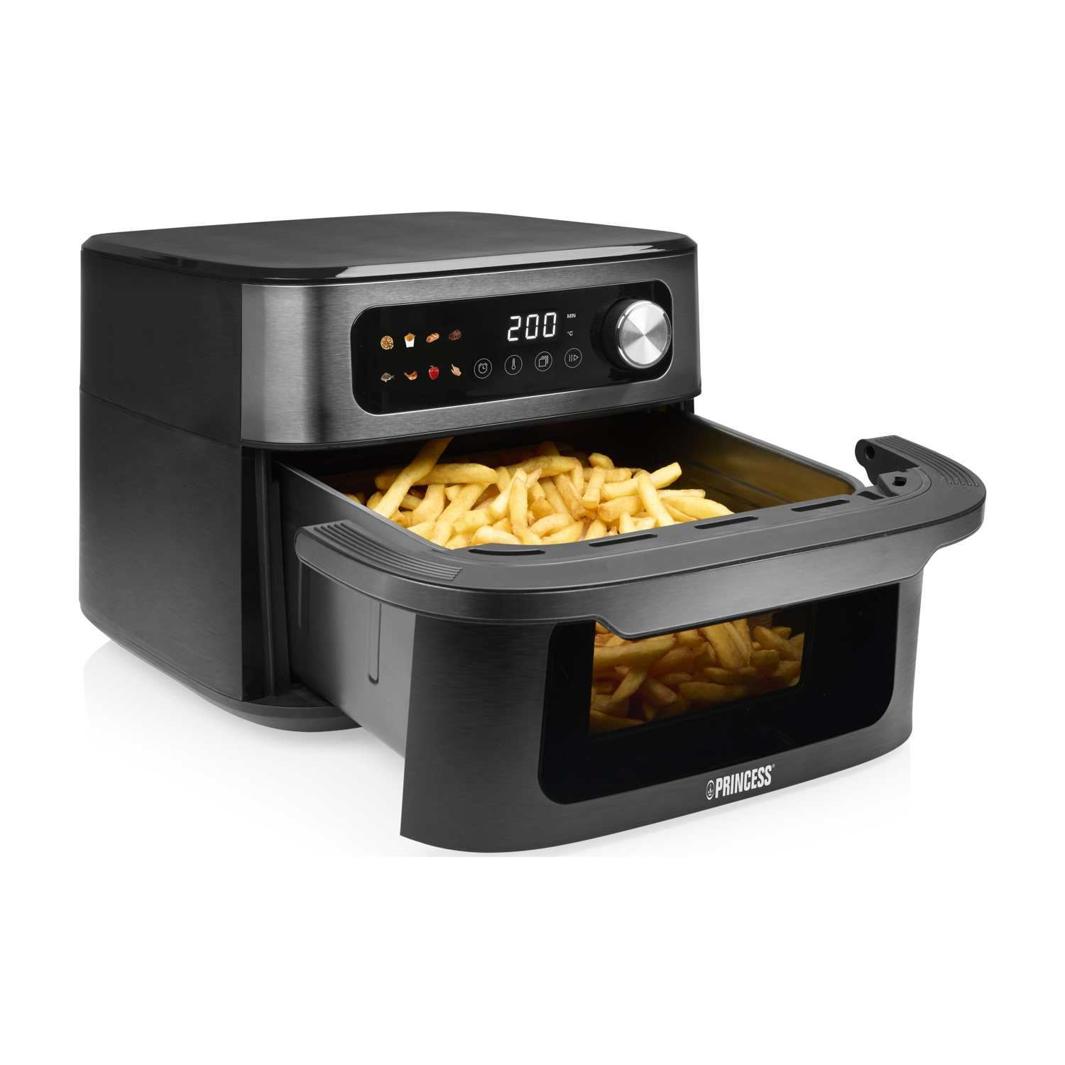 Friggitrice ad aria nera con cestello pieno di patatine e display digitale.