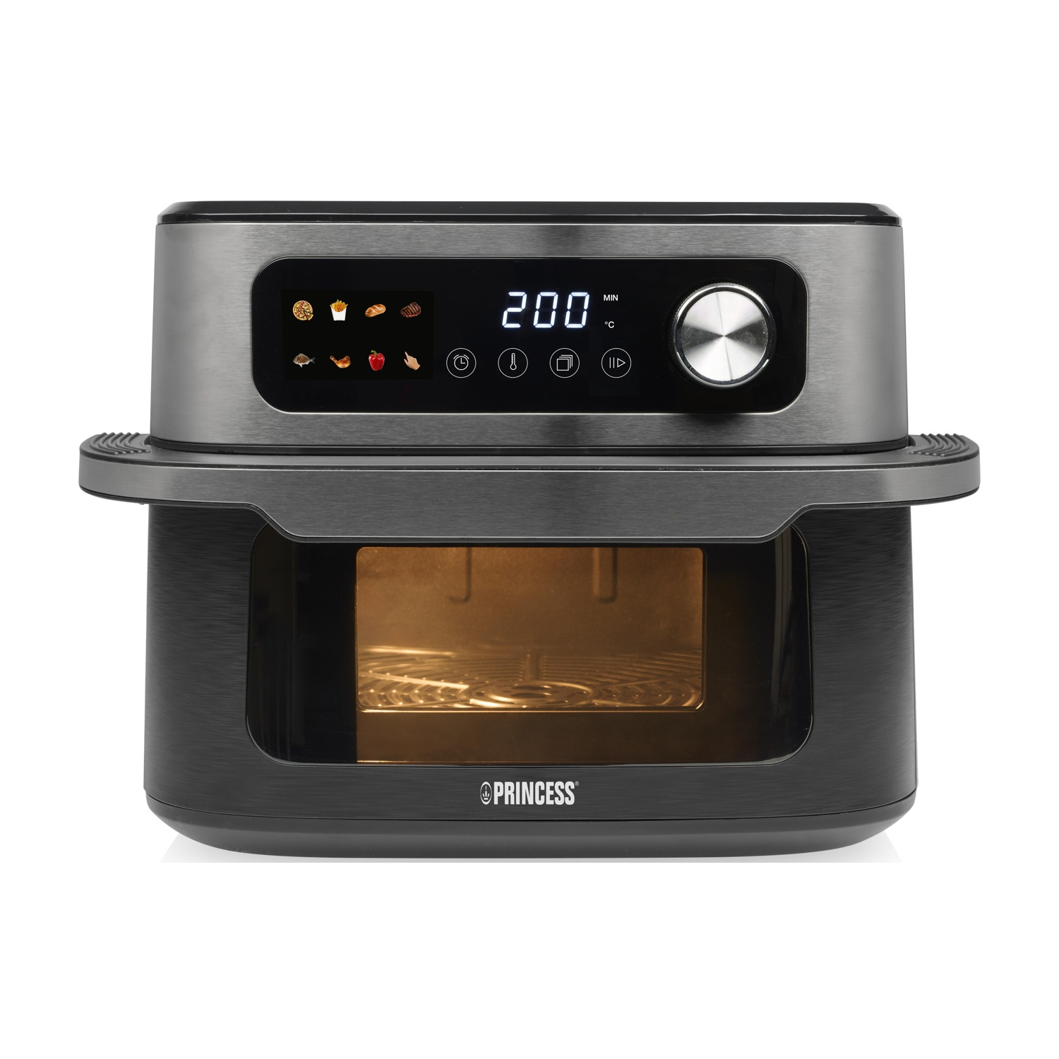 Forno friggitrice ad aria moderno con display digitale che mostra 200 gradi.