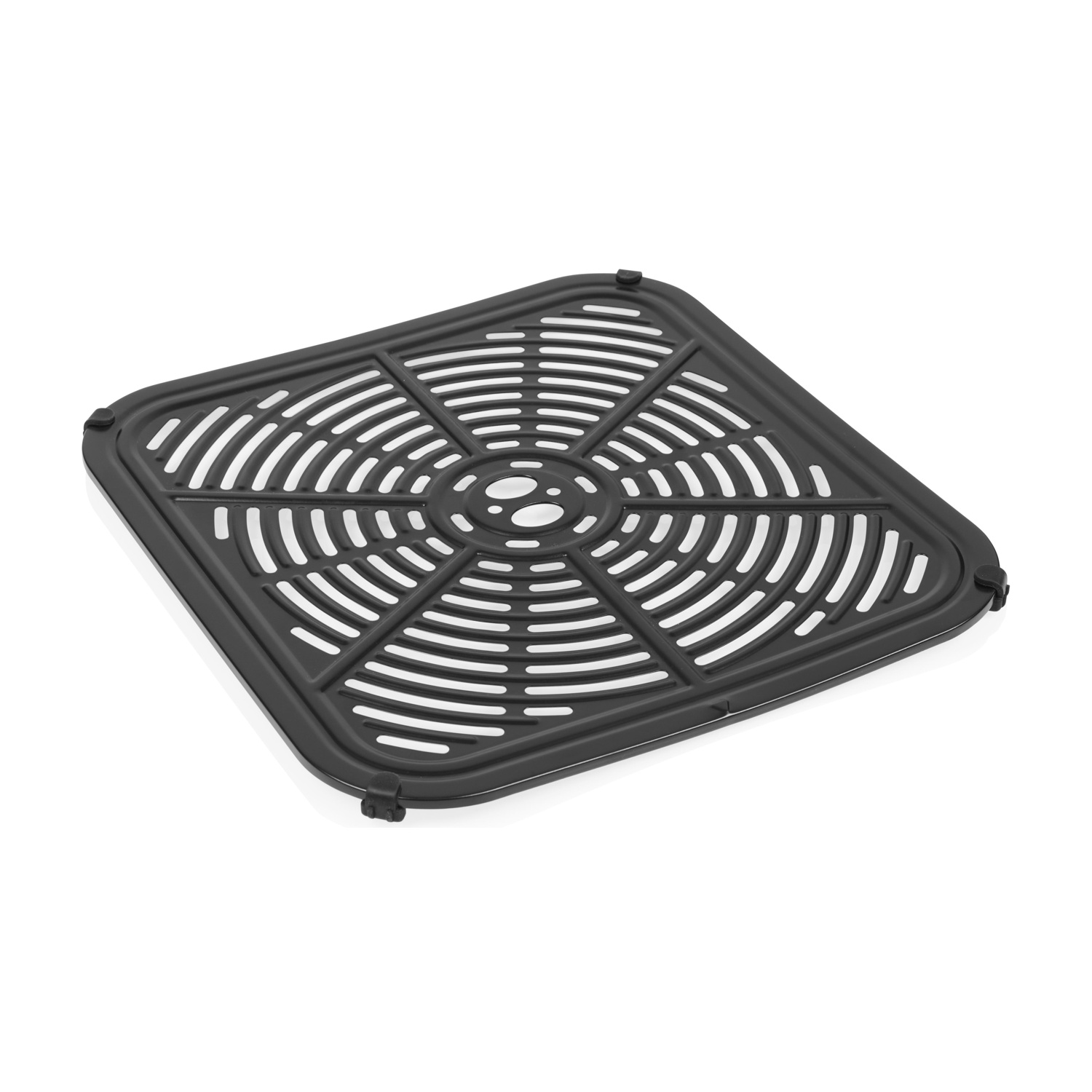 Una piastra grill quadrata nera con fessure per la circolazione dell'aria.