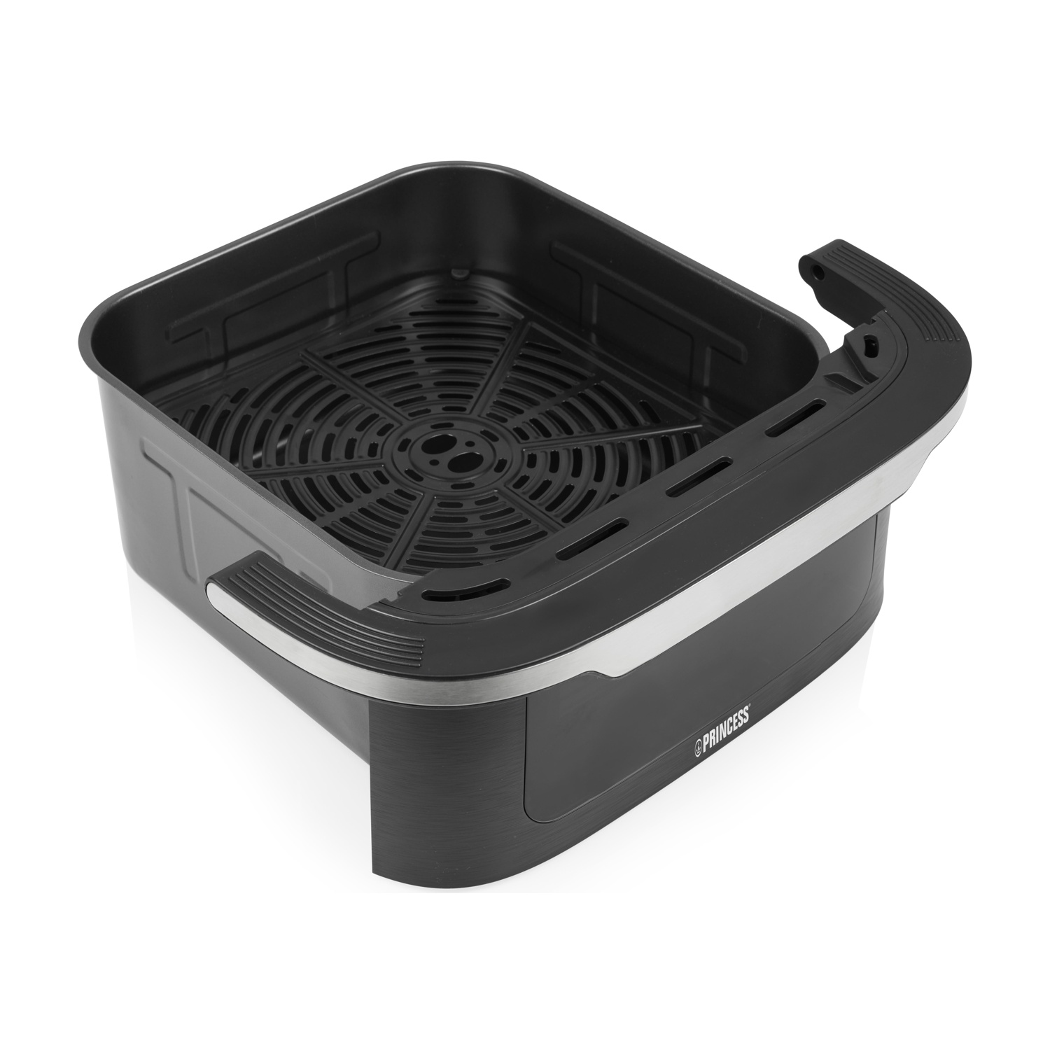 Cestello nero per friggitrice ad aria con manici e fessure di ventilazione.