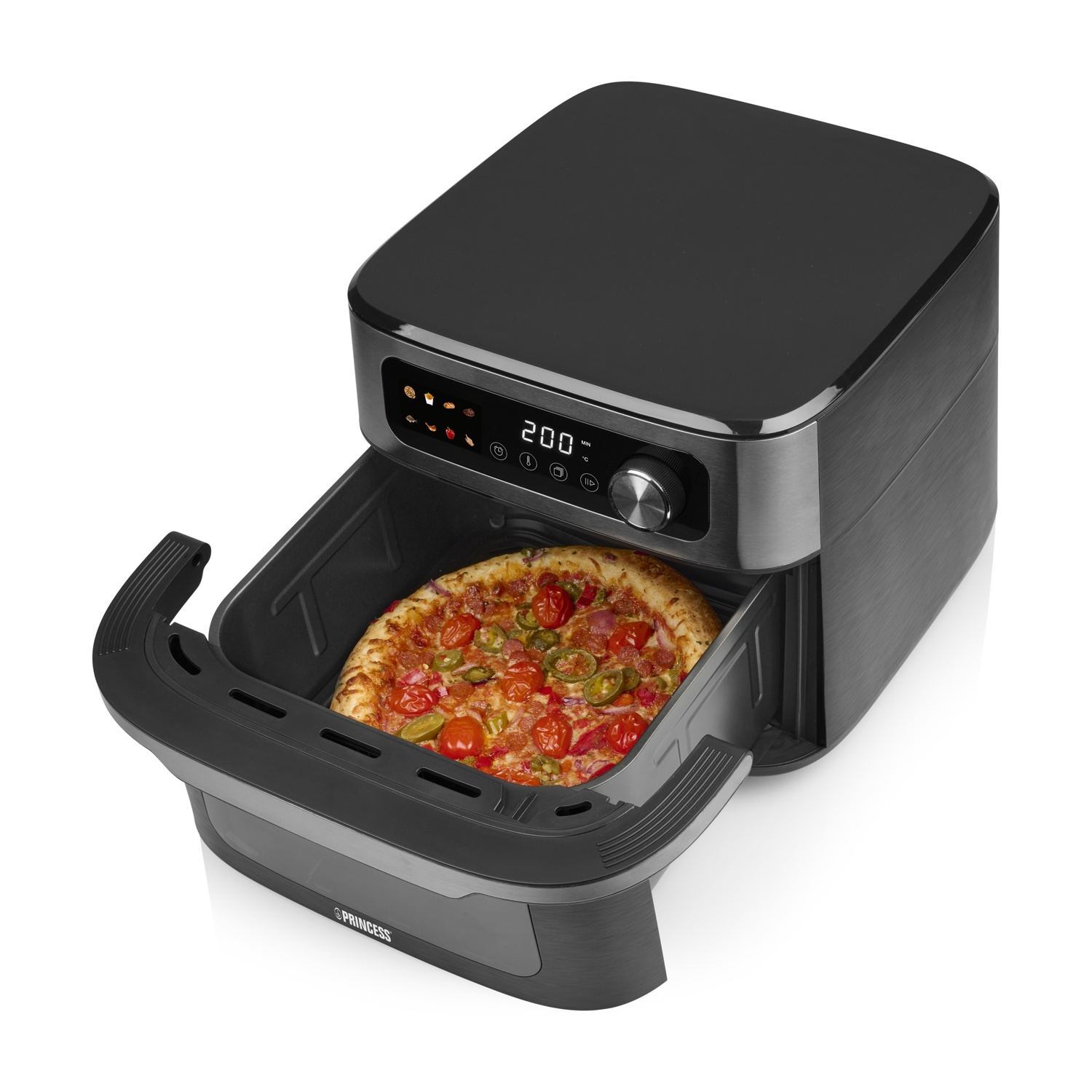 Una friggitrice ad aria nera con una pizza all'interno. Il display mostra 200 gradi.