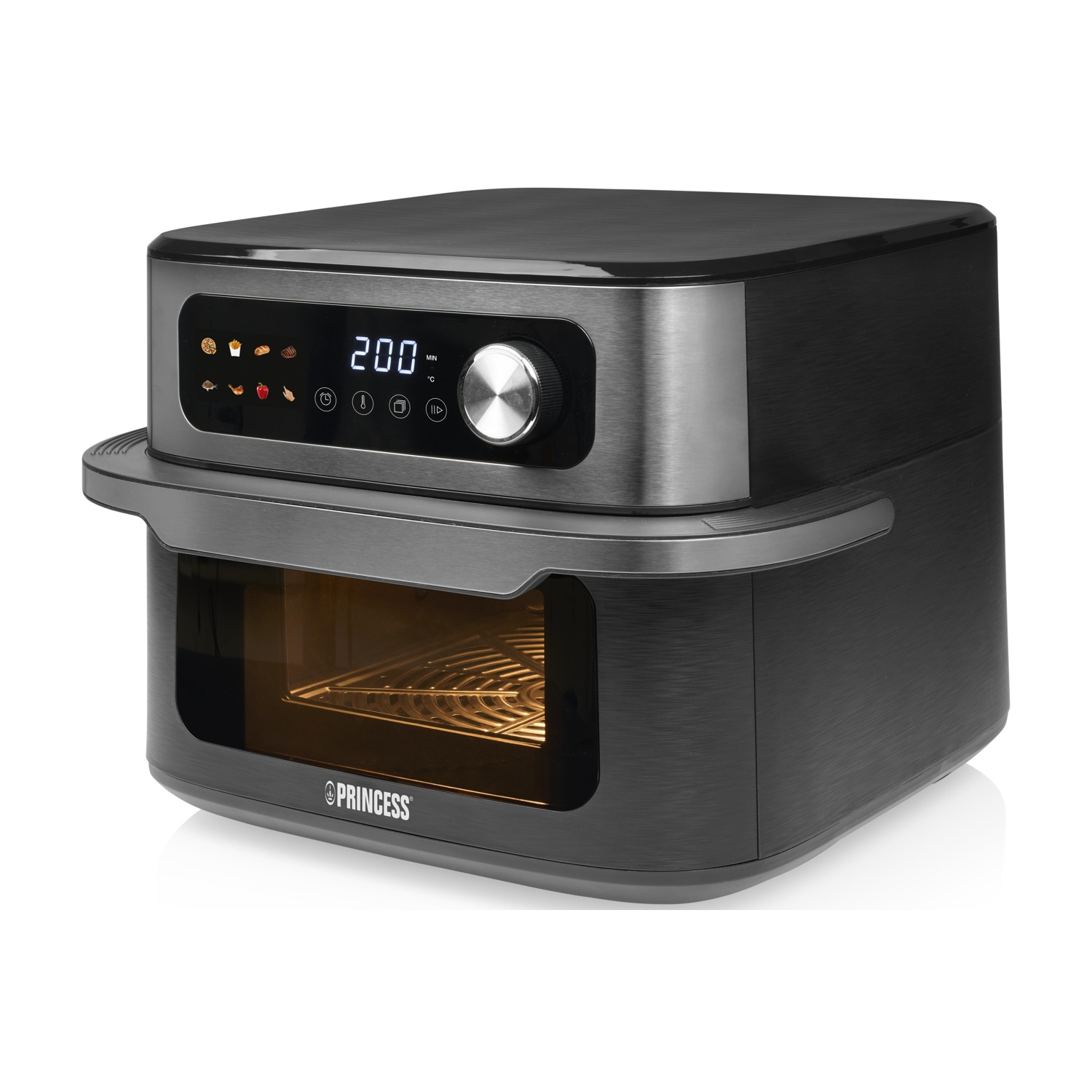 Un forno friggitrice ad aria nero con display digitale e manopola argentata su sfondo bianco.