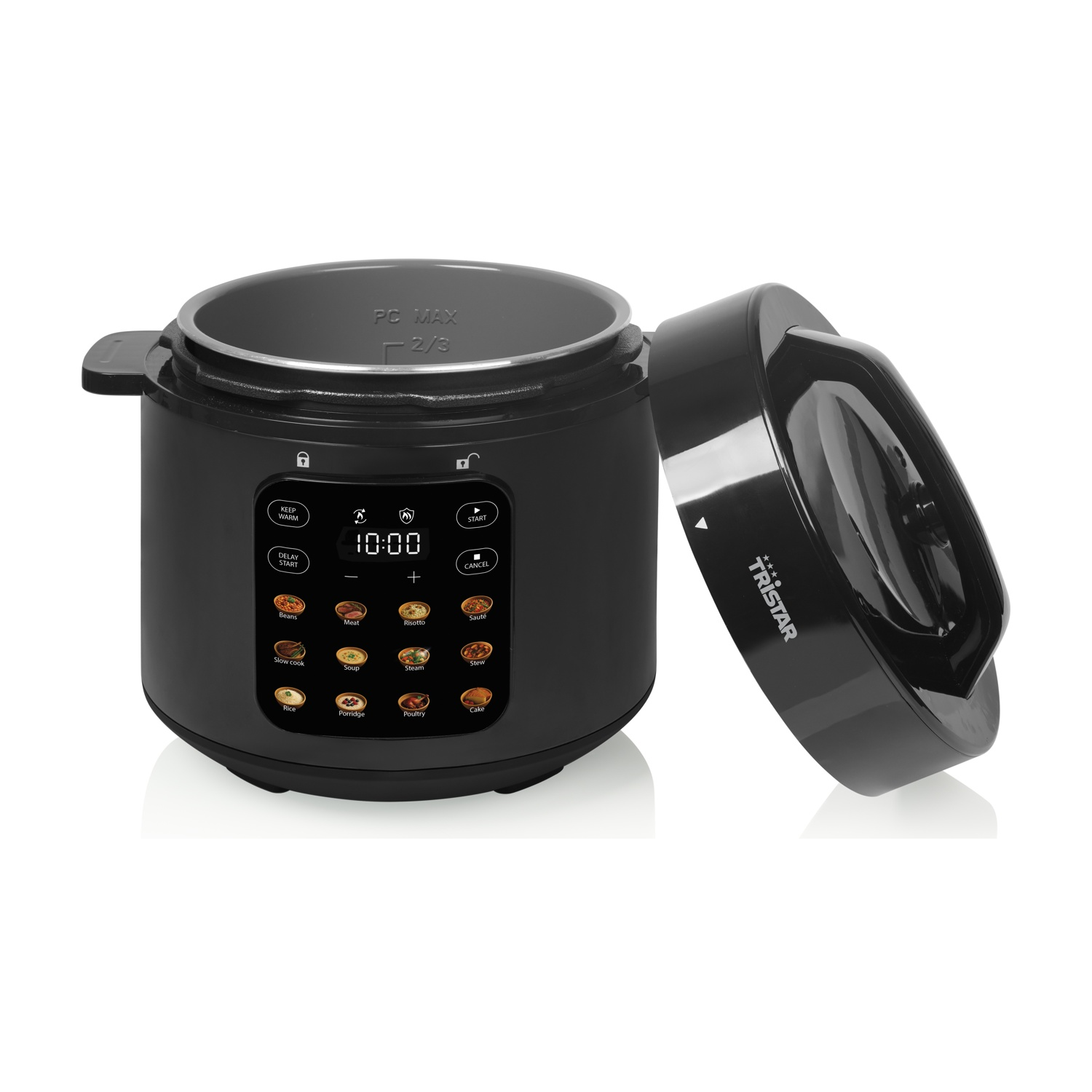 Pentola a pressione elettrica nera con coperchio aperto e display digitale, su sfondo bianco.