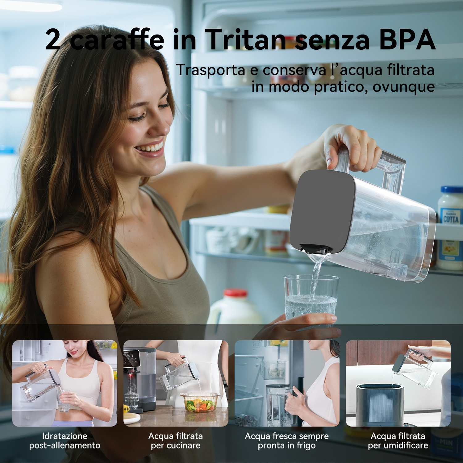 Donna versa acqua da una caraffa Tritan in un bicchiere in un frigorifero.