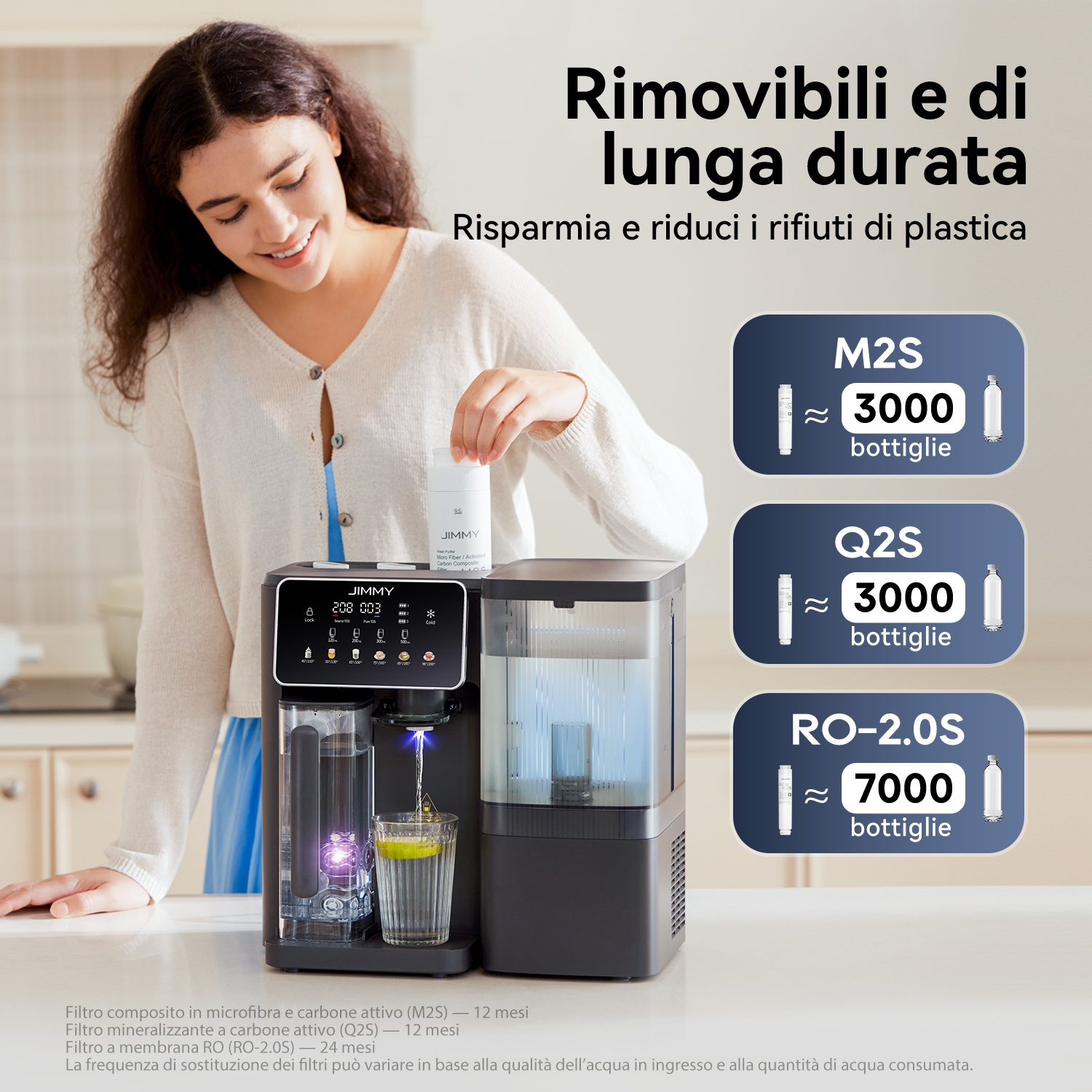 Donna usa erogatore acqua con varie opzioni filtro.