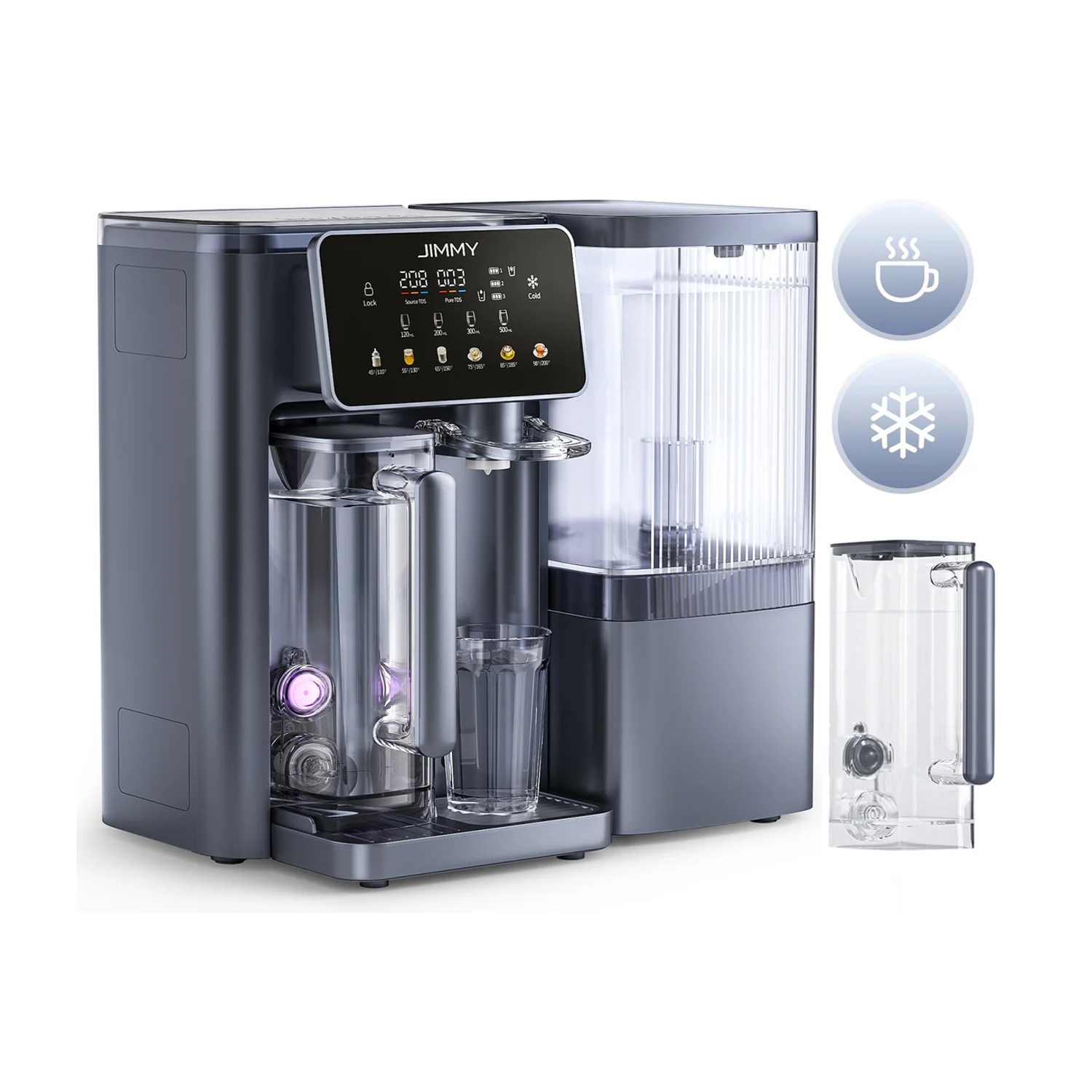Un elettrodomestico JIMMY grigio con touchscreen, serbatoio dell'acqua e bicchiere.