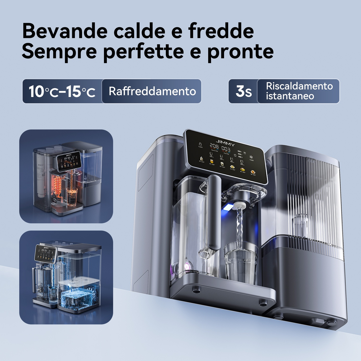 Distributore acqua moderno caldo e freddo. Mostra 10-15°C raffreddamento e 3s riscaldamento istantaneo.