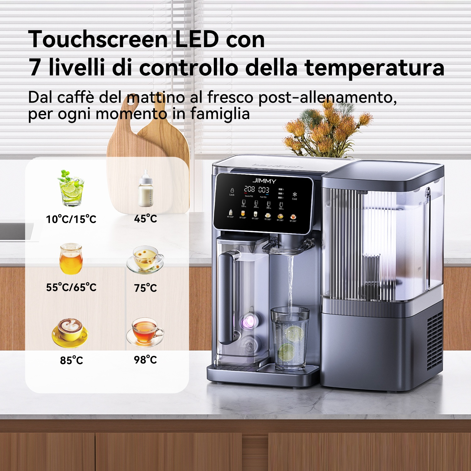 Un erogatore d'acqua con touchscreen mostra varie impostazioni di temperatura per le bevande.