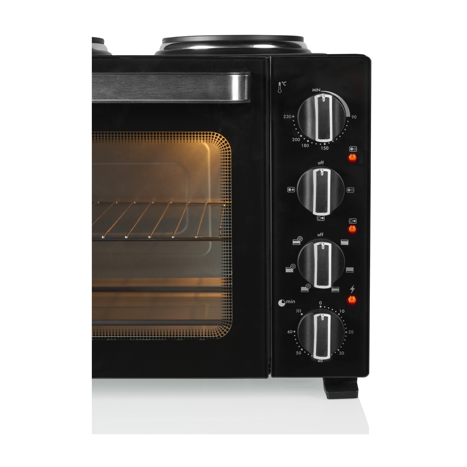 Forno nero da banco con manopole di controllo e display della temperatura. Interno illuminato.
