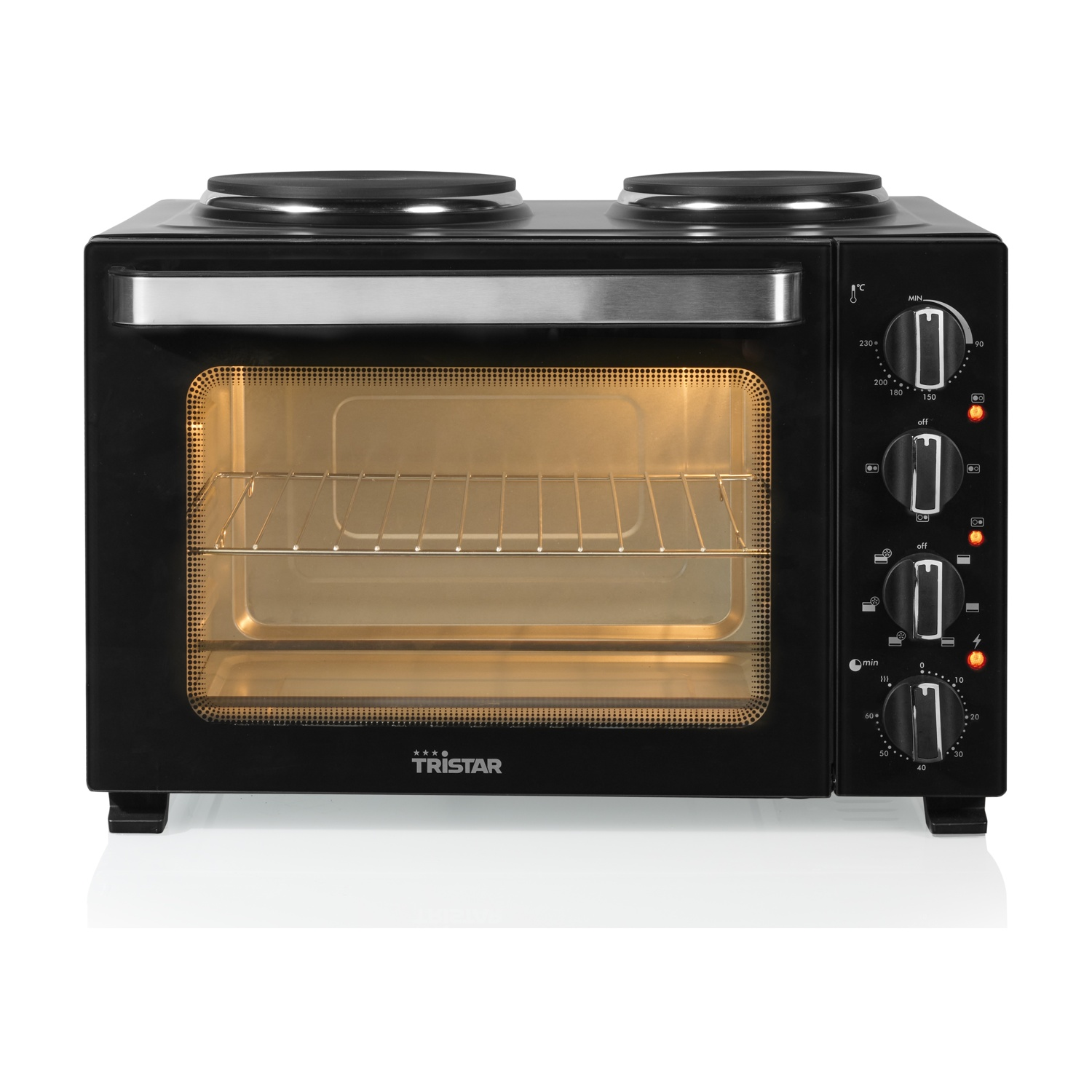 Un mini forno nero con due piastre, porta in vetro e manopole di controllo.