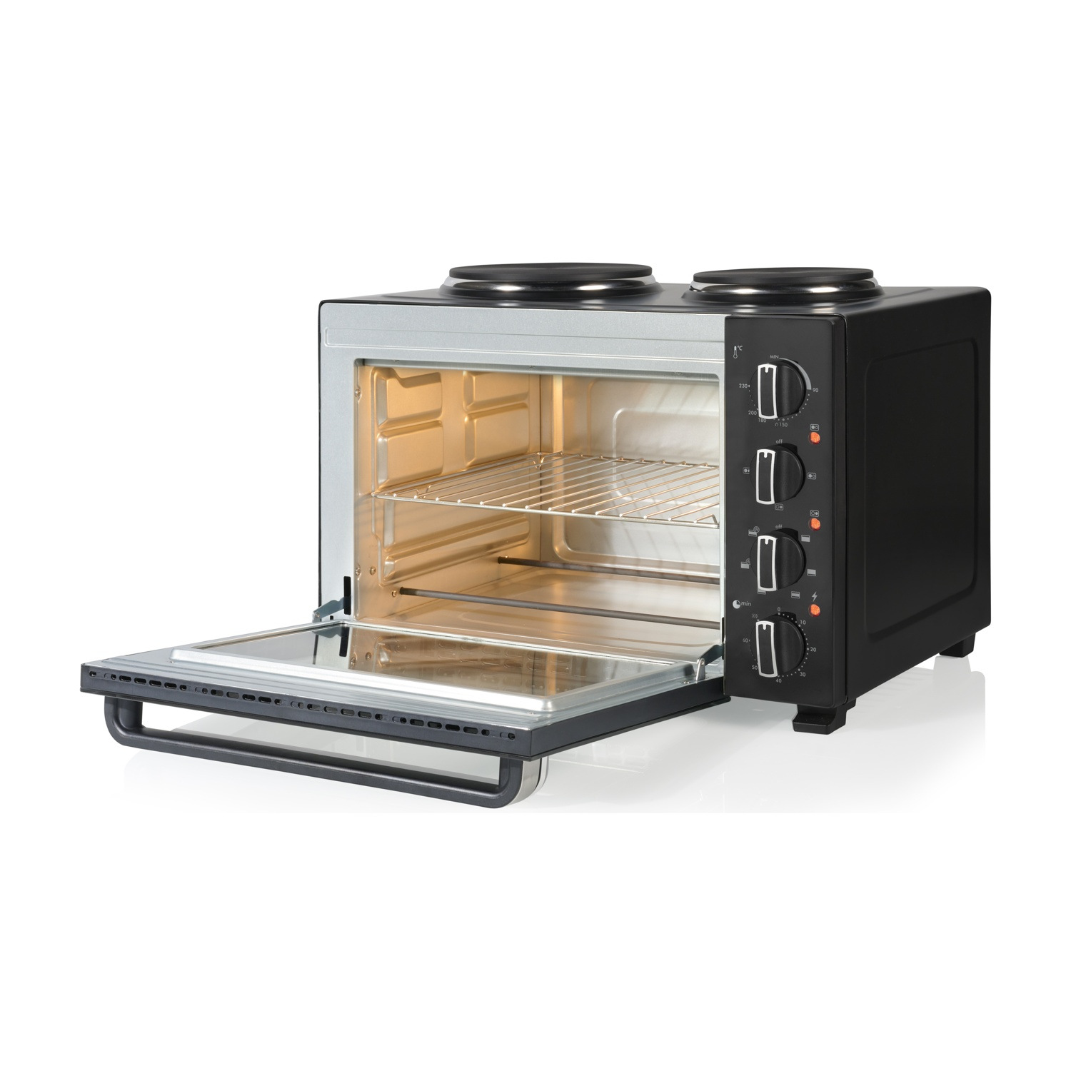 Un forno nero da tavolo con porta aperta e due piastre sul piano superiore.