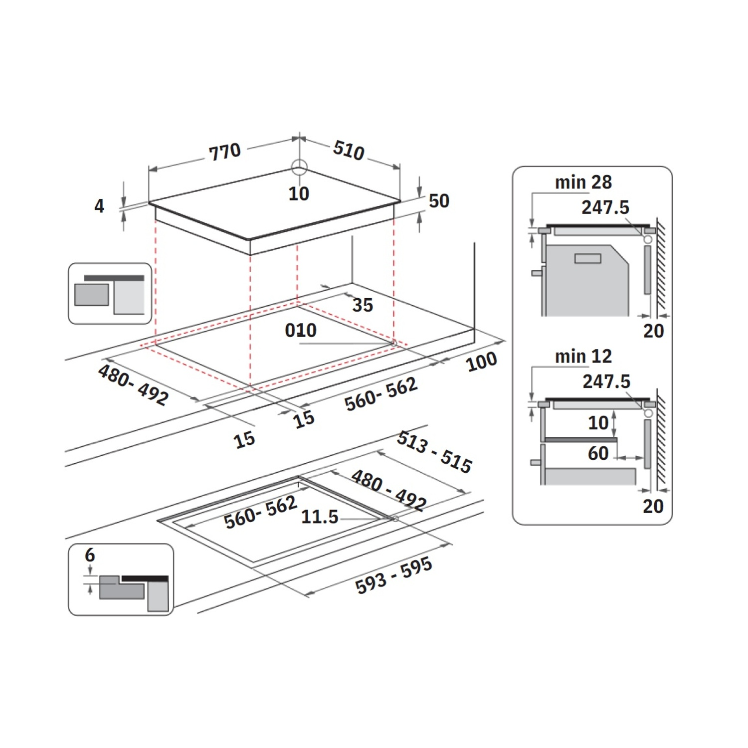 Disegno tecnico di un piano cottura con dimensioni e guida all'installazione.