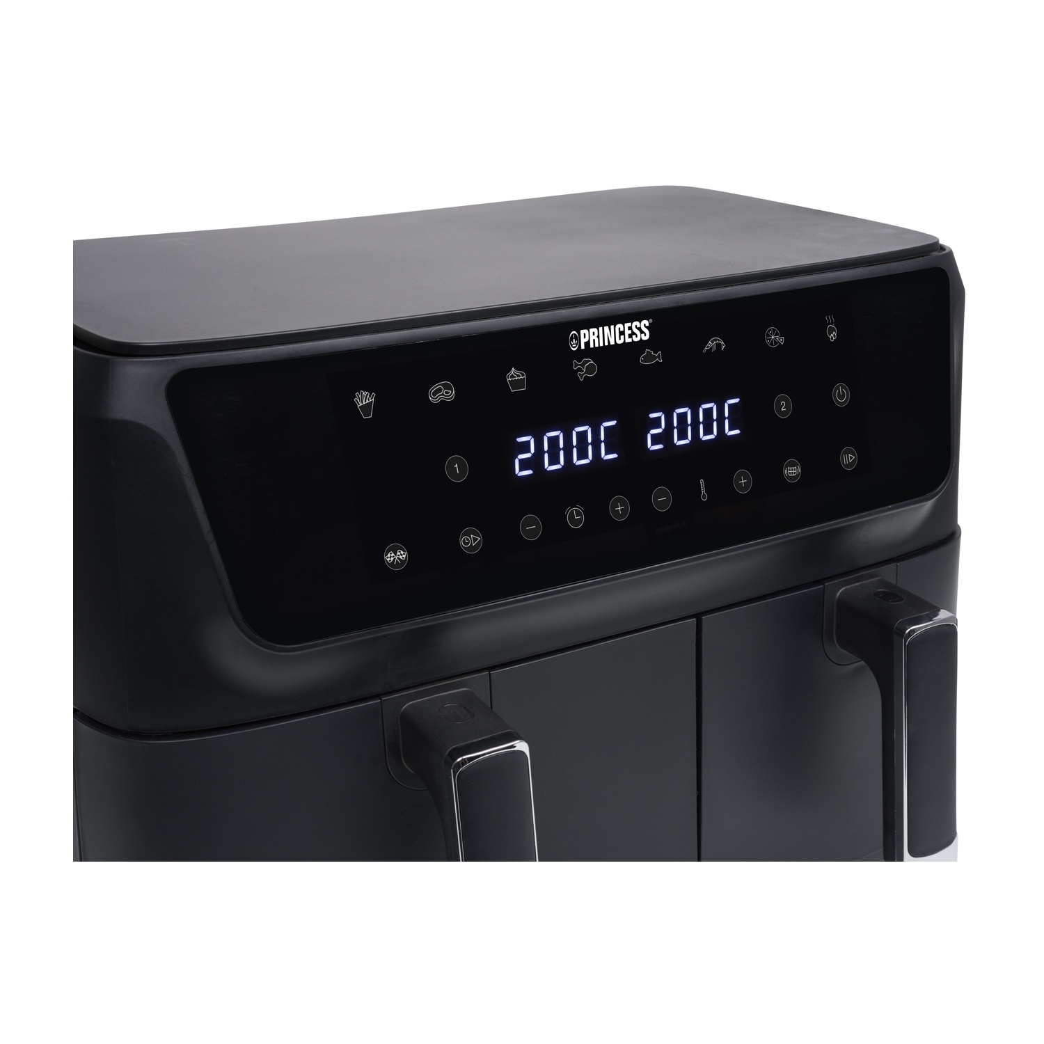 Friteuse ad aria Princess nera con display digitale e due cassetti.