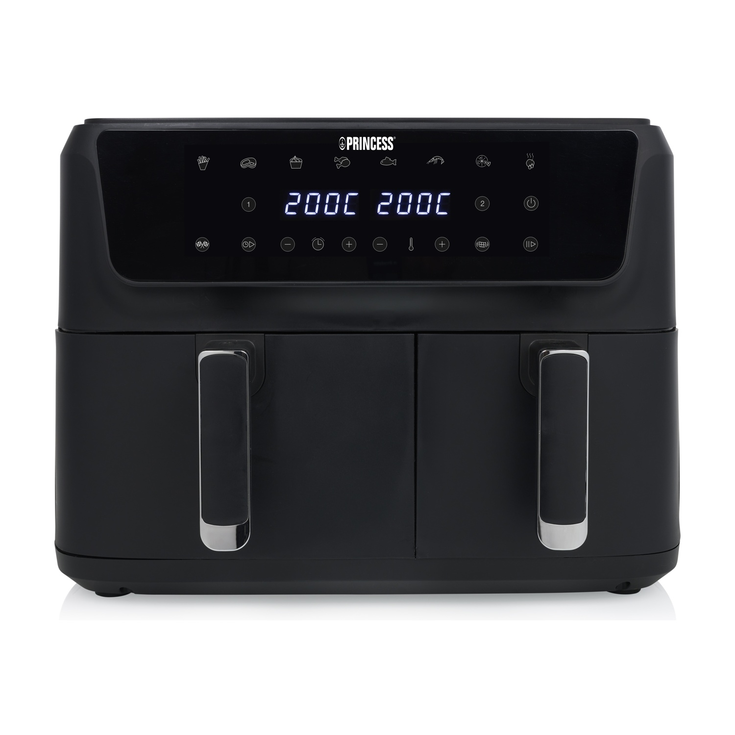 Una friggitrice ad aria doppia cestello Princess nera con display digitale che mostra 200C.