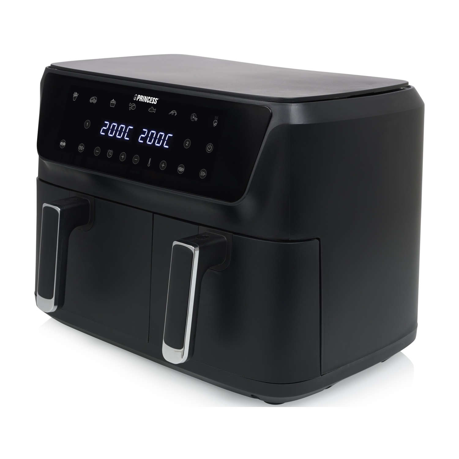 Friggitrice ad aria doppia nera con display digitale e maniglie argentate.