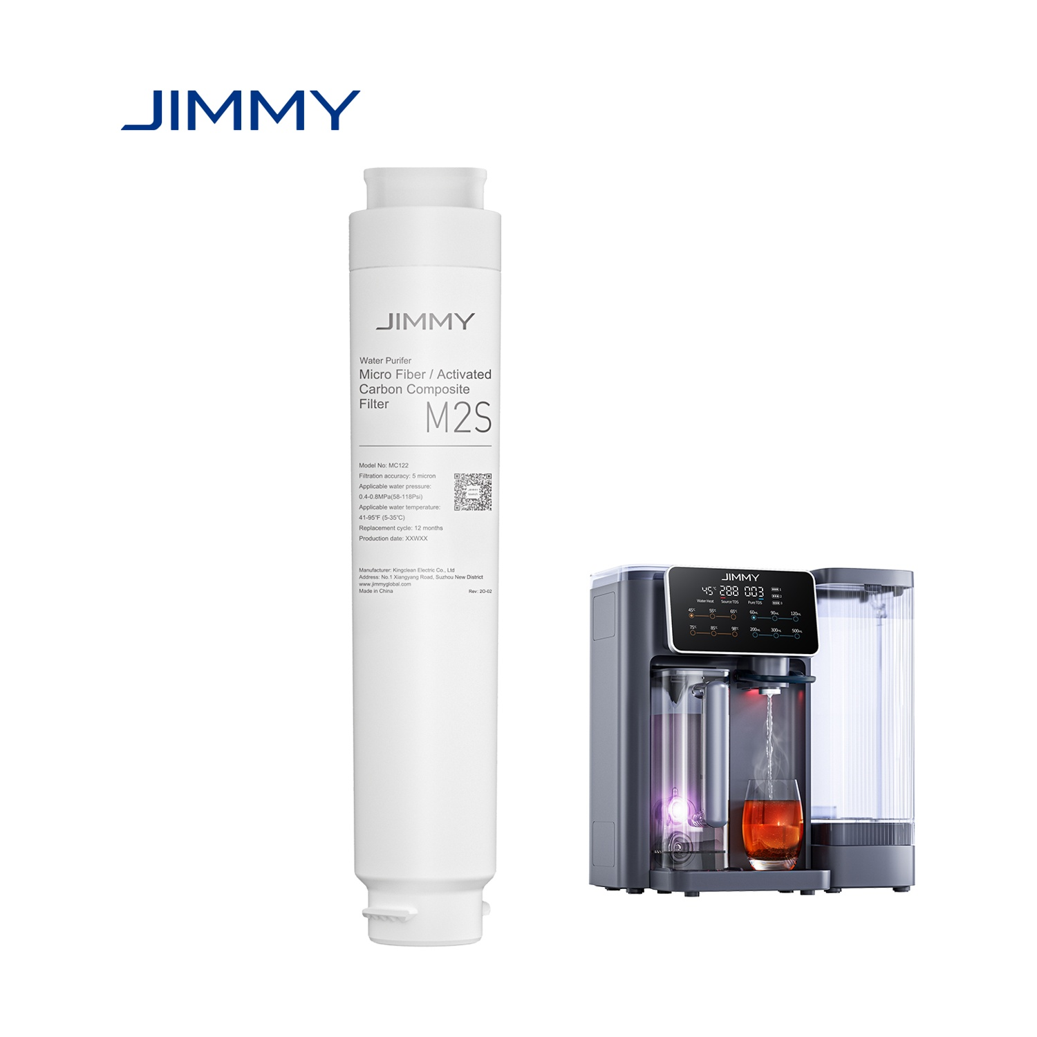 Un filtro dell'acqua e un dispenser d'acqua su sfondo bianco.