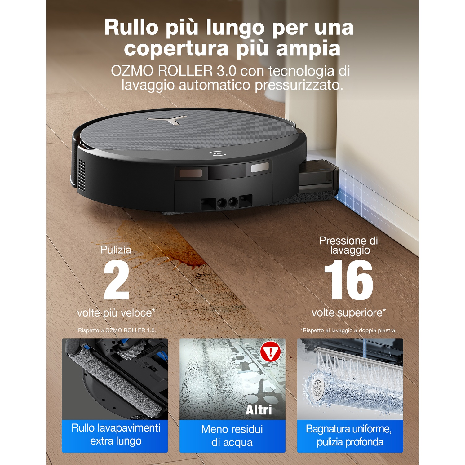 Robot aspirapolvere nero pulisce parquet macchiato. Mostra rullo XL, pochi residui d'acqua e bagnatura uniforme.