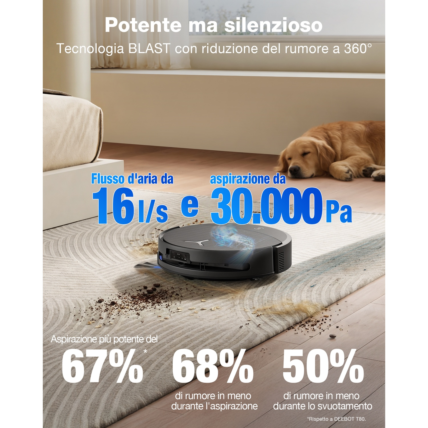 Un robot aspirapolvere pulisce un tappeto mentre un cane dorme nelle vicinanze.