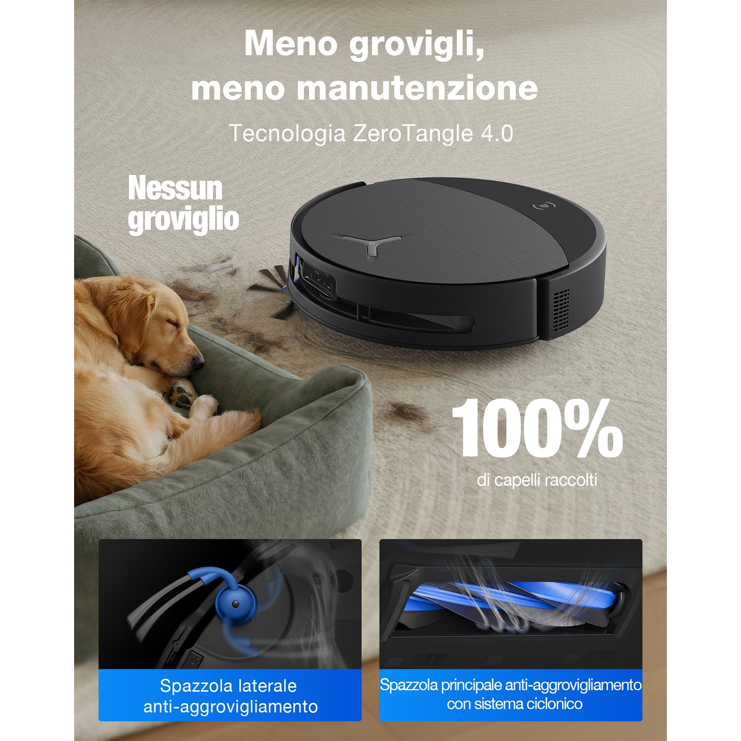 Un robot aspirapolvere pulisce accanto a un cane addormentato. Dettagli mostrano spazzole.