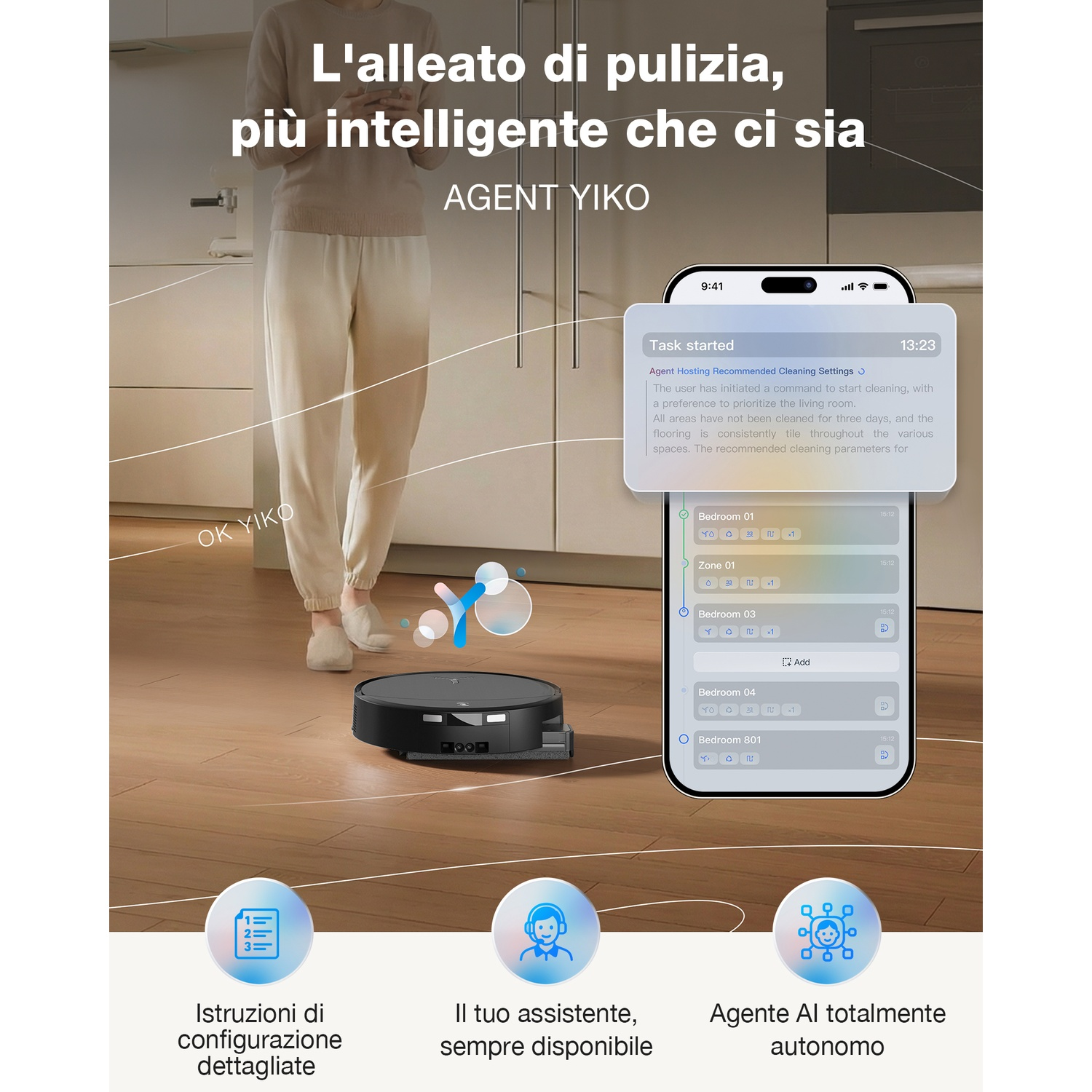 Un robot aspirapolvere pulisce un pavimento in legno mentre uno smartphone mostra un'app.