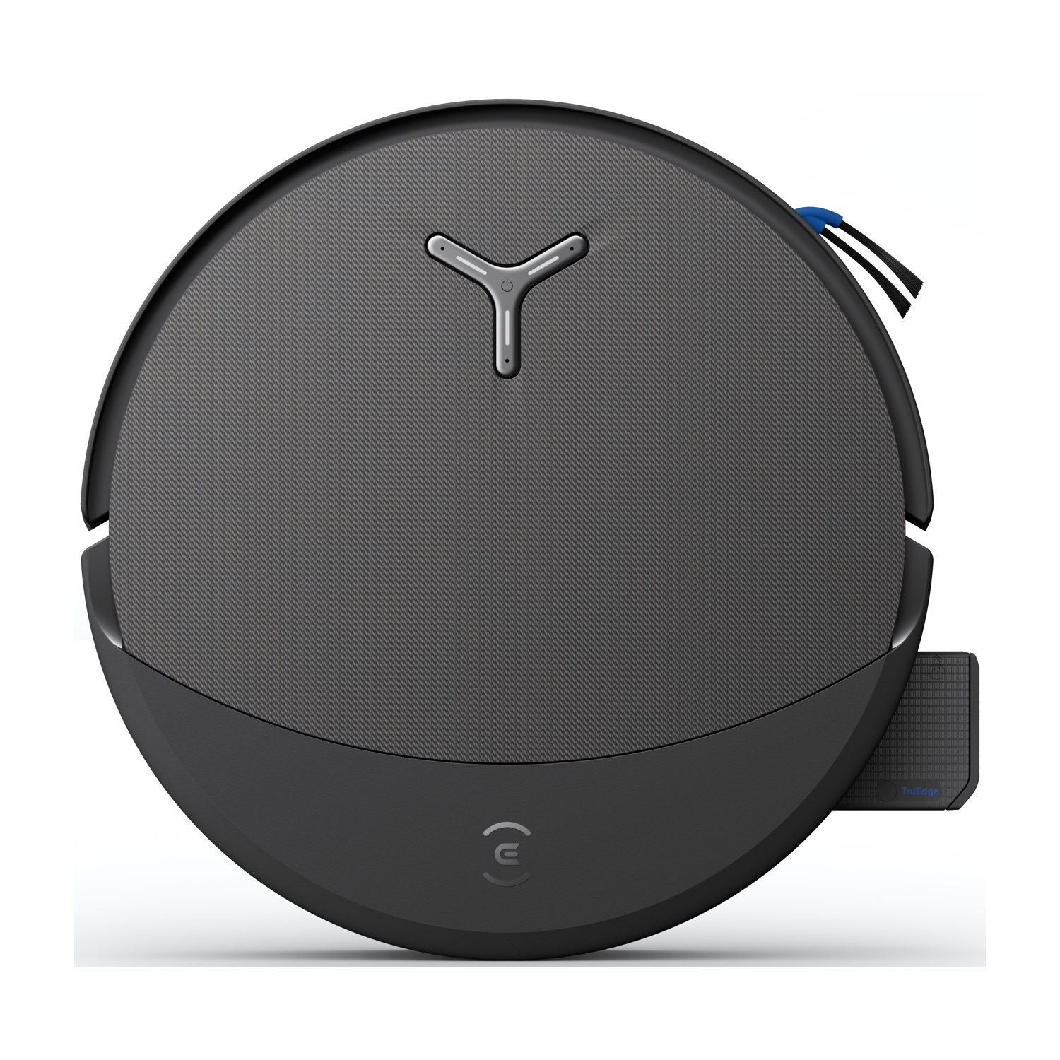 Un robot aspirapolvere rotondo e nero con pulsante a Y e spazzola blu.