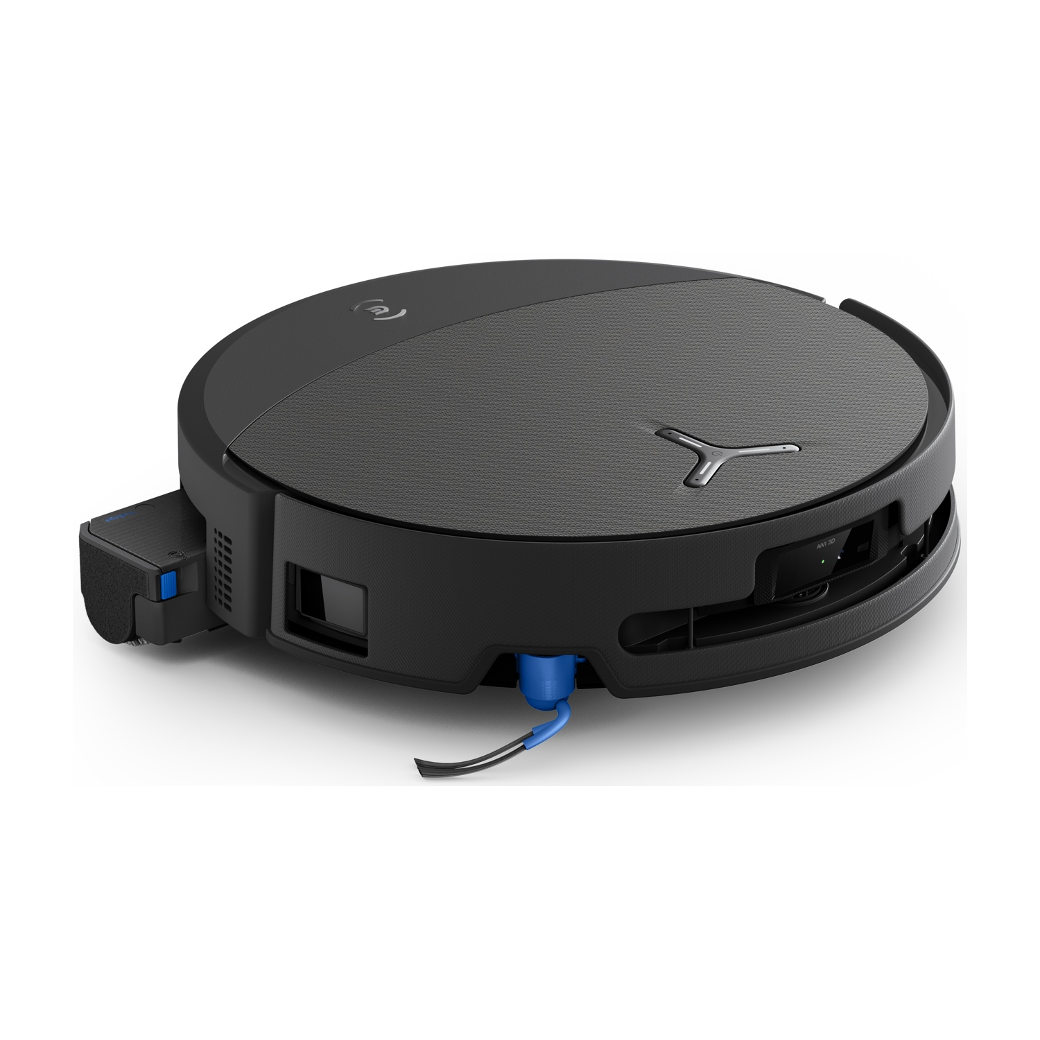Aspirapolvere robot nero con accenti blu su sfondo bianco.