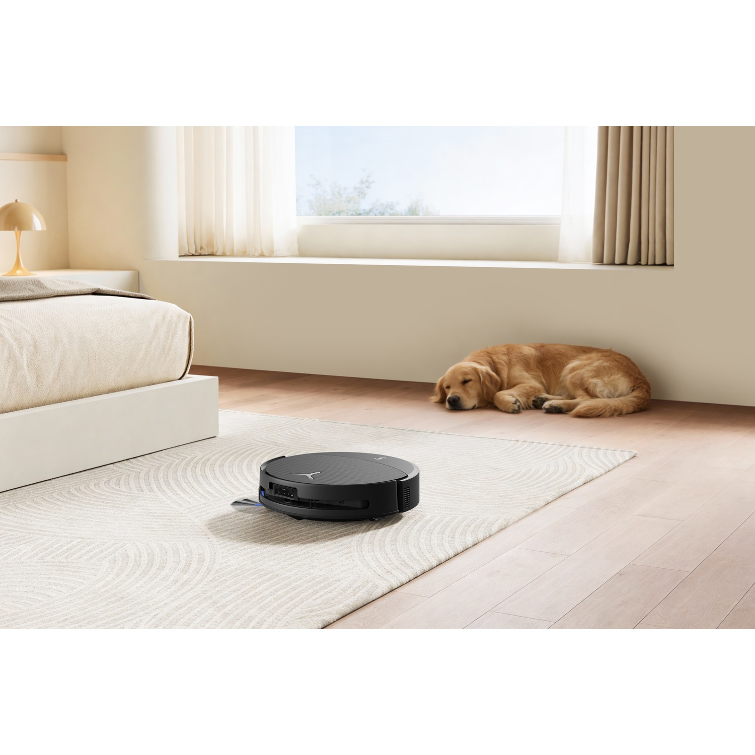 Un robot aspirapolvere pulisce un tappeto accanto a un Golden Retriever addormentato.