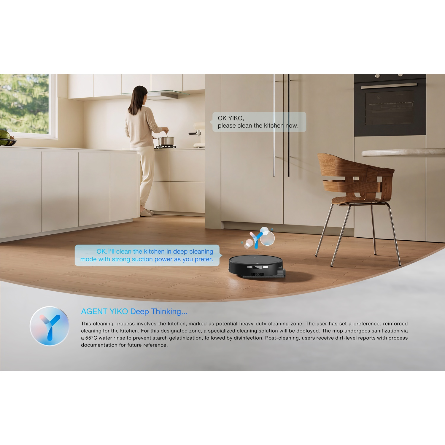 Un robot aspirapolvere pulisce una cucina moderna mentre una donna cucina.