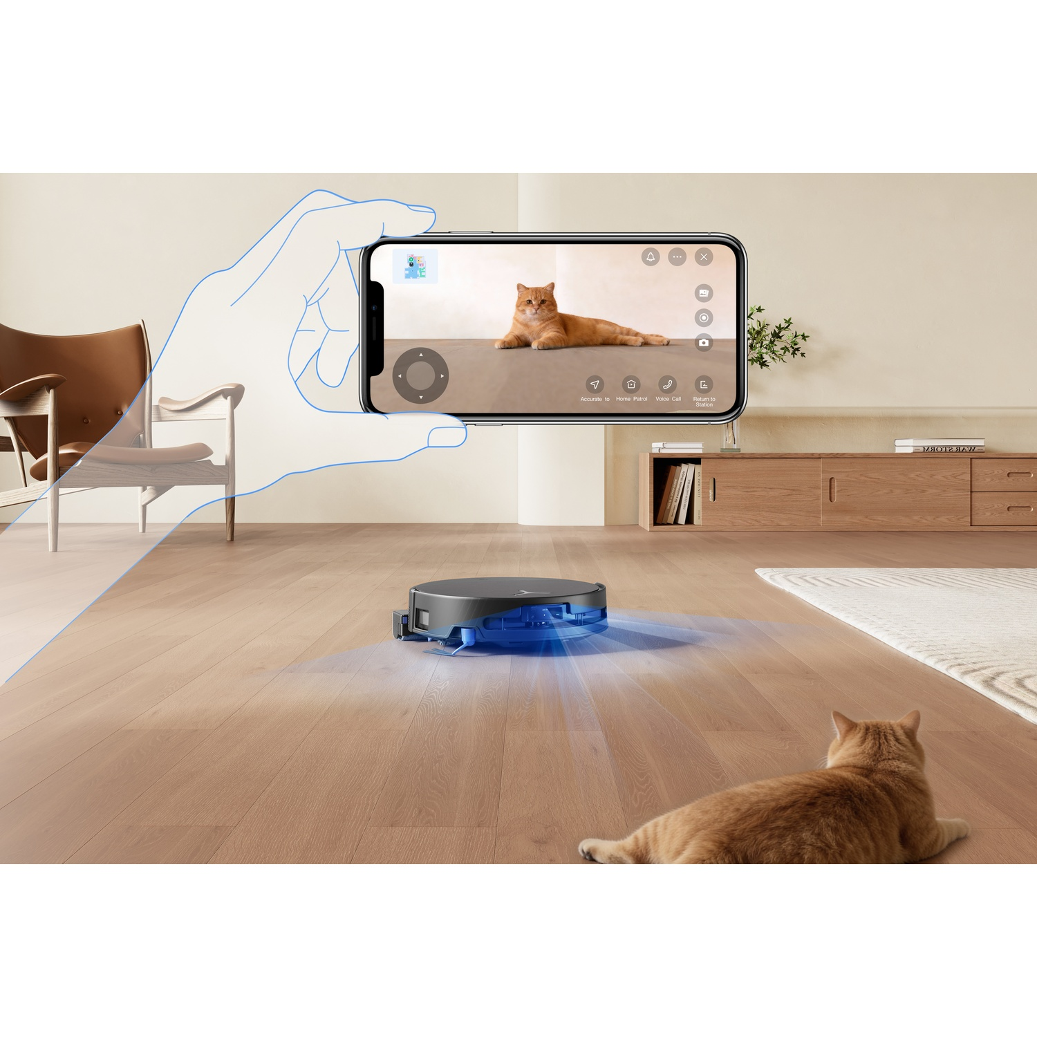 Un robot aspirapolvere pulisce il pavimento, un telefono mostra un gatto.