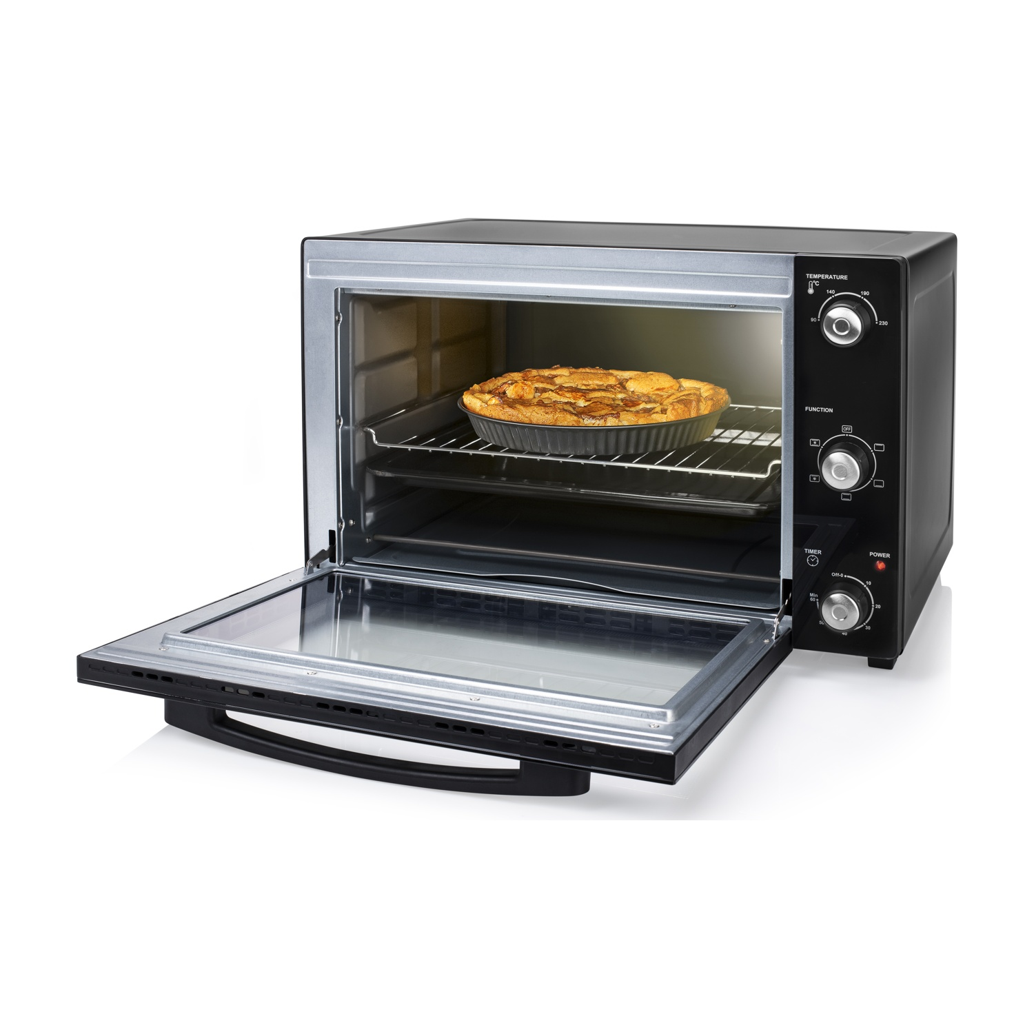 Un fornetto elettrico nero con porta aperta, contenente una torta.