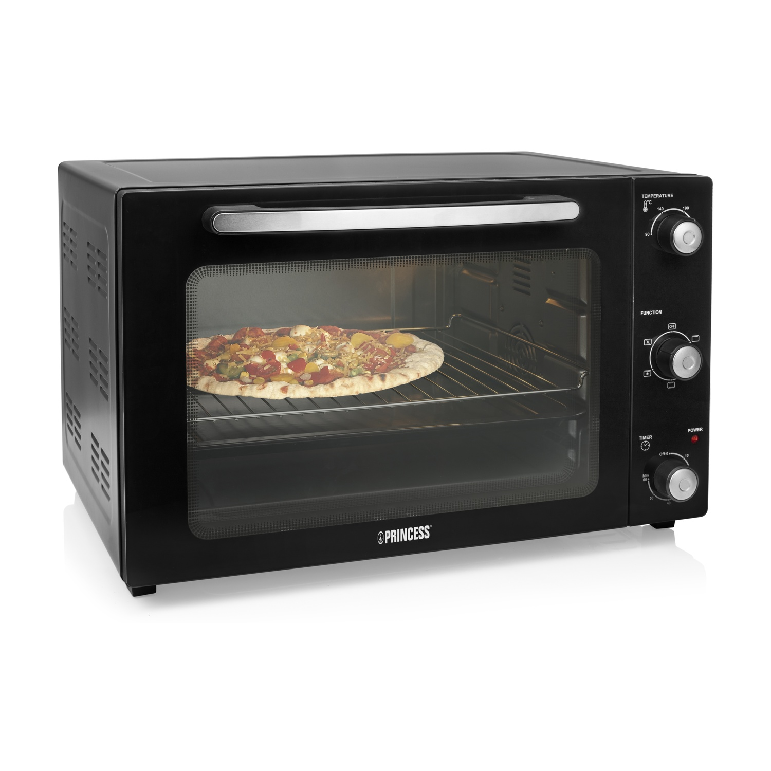 Forno nero da banco con pizza sulla griglia, controlli sul lato.