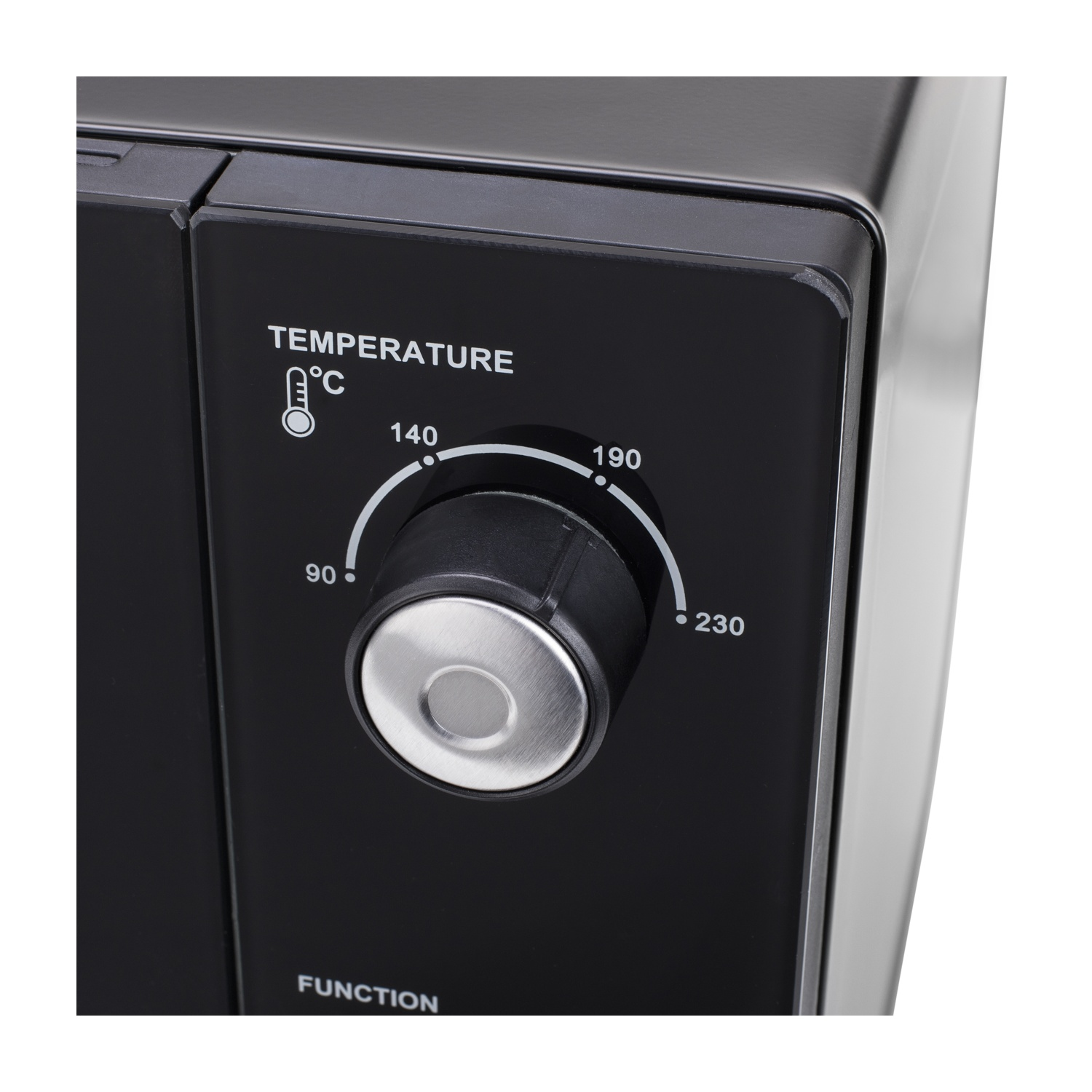 Primo piano di un pannello di controllo nero con selettore temperatura da 90-230°C.