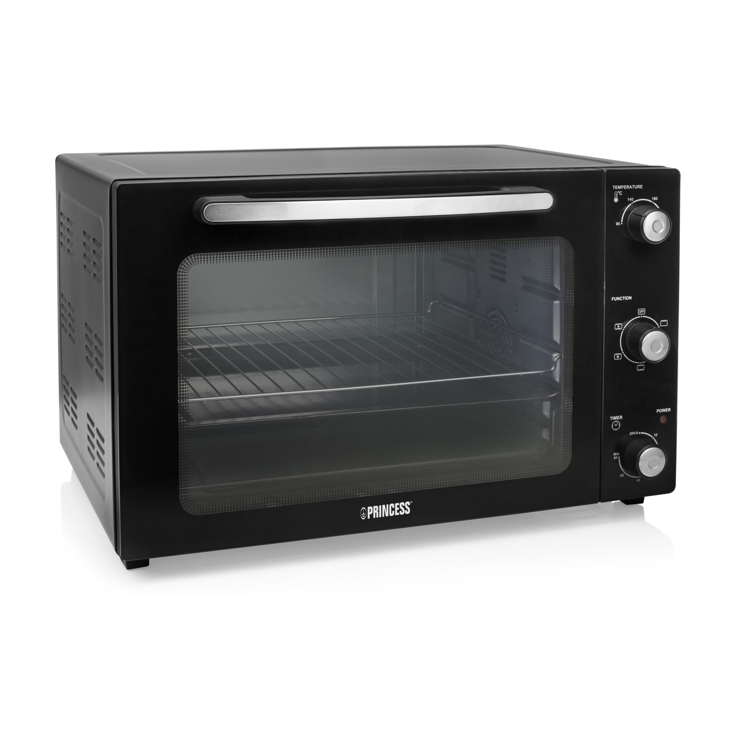 Un forno da banco nero marca Princess con maniglia argentata e porta in vetro. Ha delle manopole.