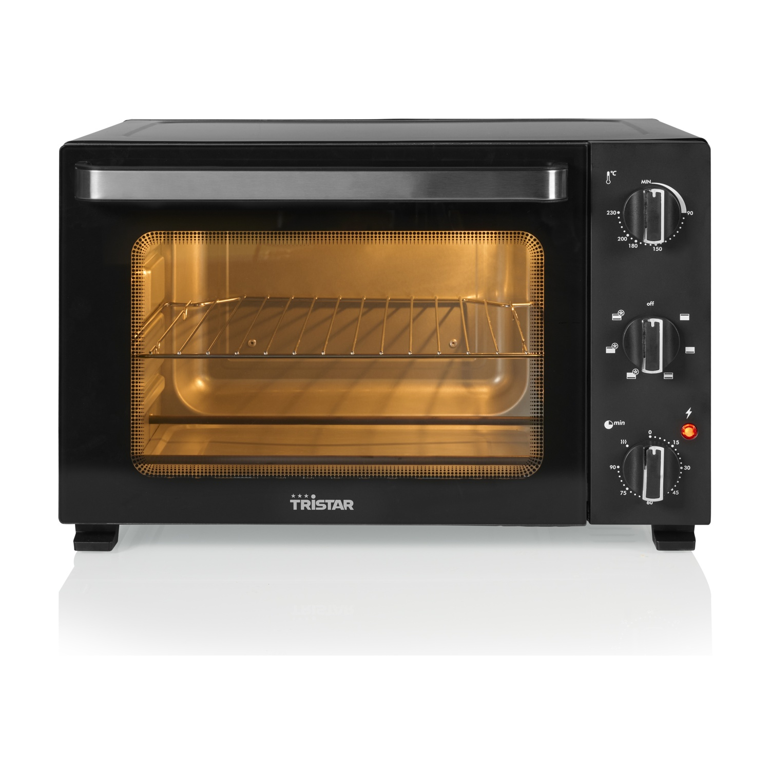 Forno nero da banco con porta a vetro, griglia interna e manopole.