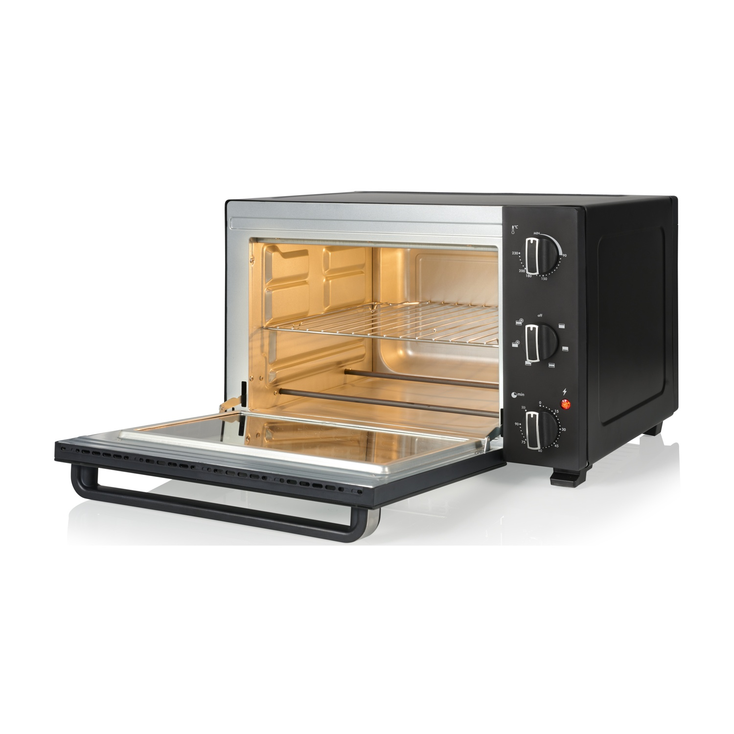 Un forno da banco nero con porta aperta e luce interna accesa.