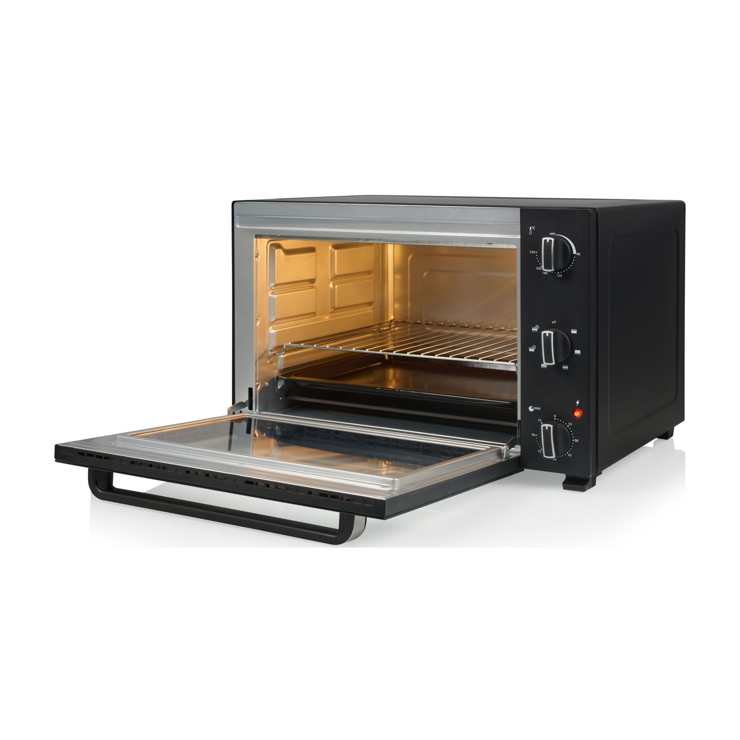 Un forno da banco nero con porta aperta e luce interna accesa.