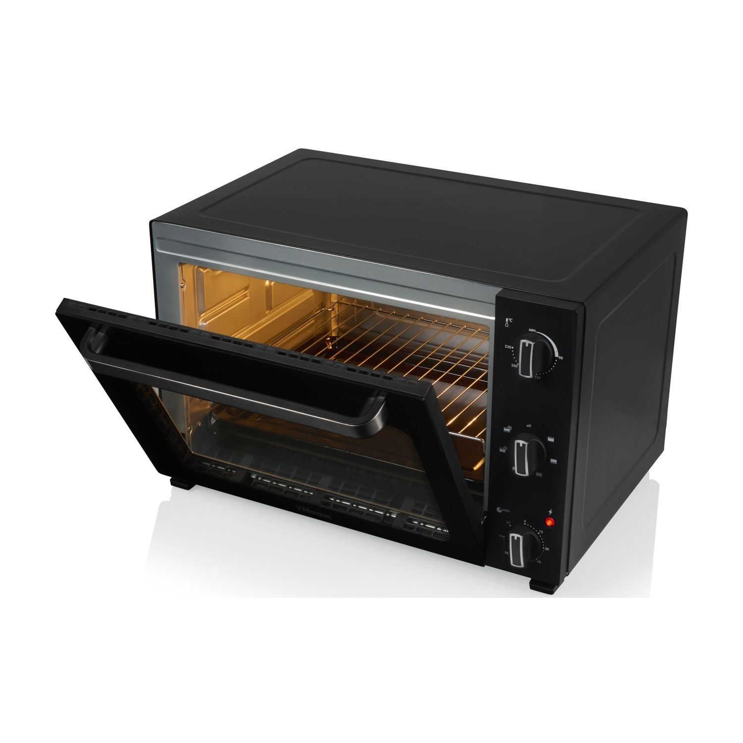 Un forno da banco nero con sportello aperto, illuminato all'interno.