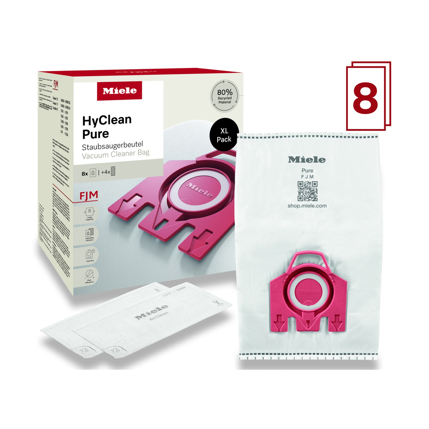 Sacchetti aspirapolvere Miele HyClean Pure XL Pack con 8 sacchetti e 4 filtri.