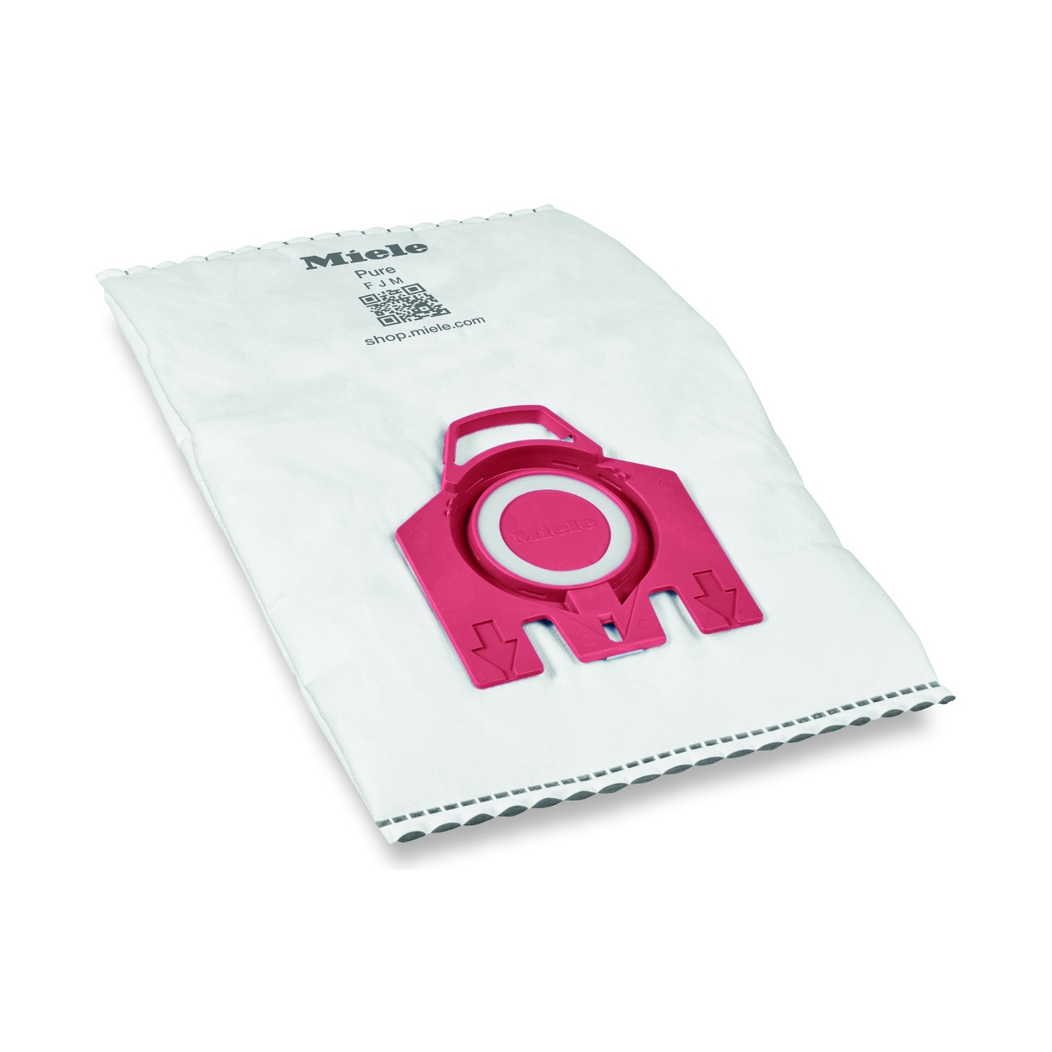 Un sacco aspirapolvere Miele bianco con connettore in plastica rosa e QR code.